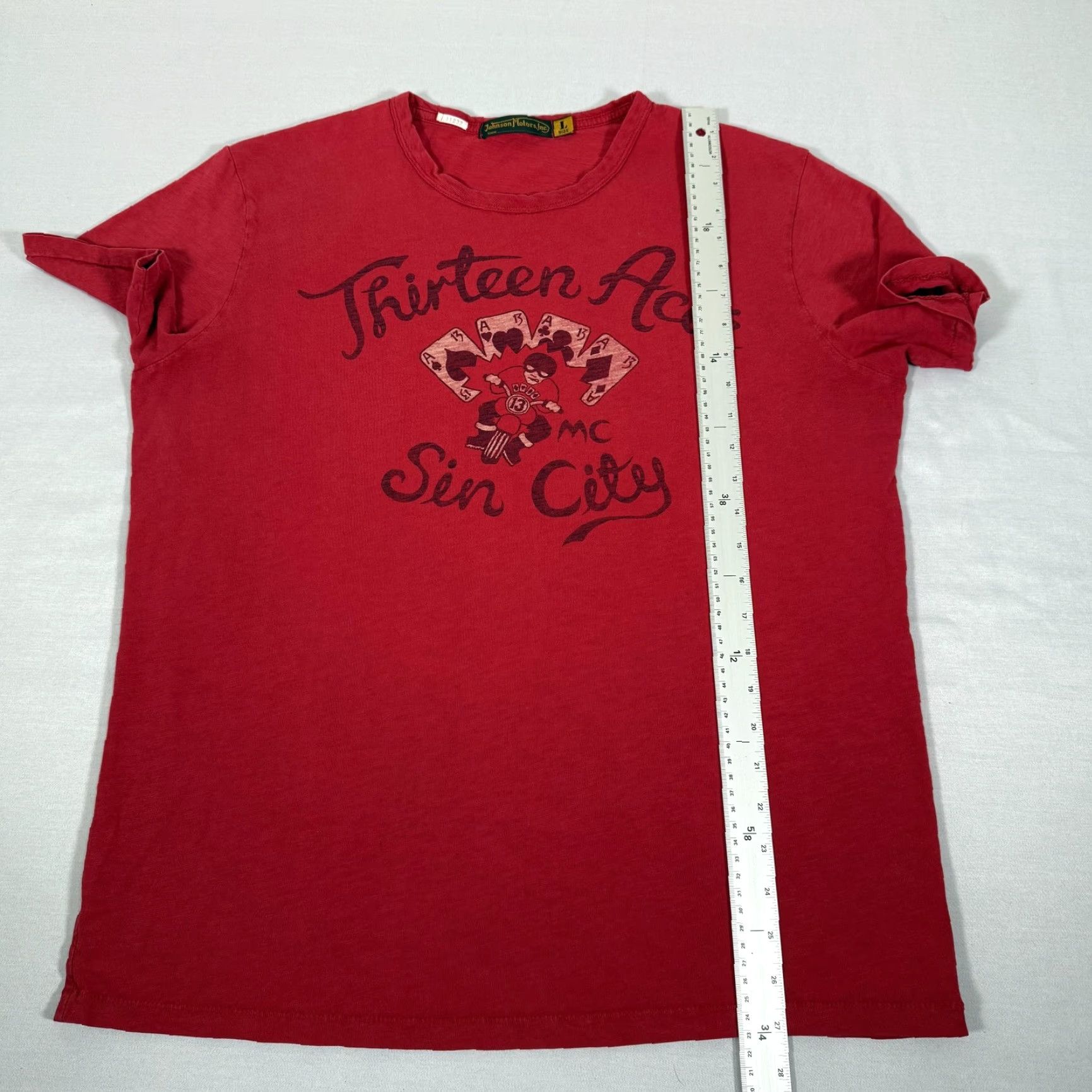 Vintage Johnson Motors Shirt Mens Large Red Thirteen Aces Sin City Made USA Biker Tee Graphic Print Size US L / EU 52-54 / 3 - 7 Thumbnail