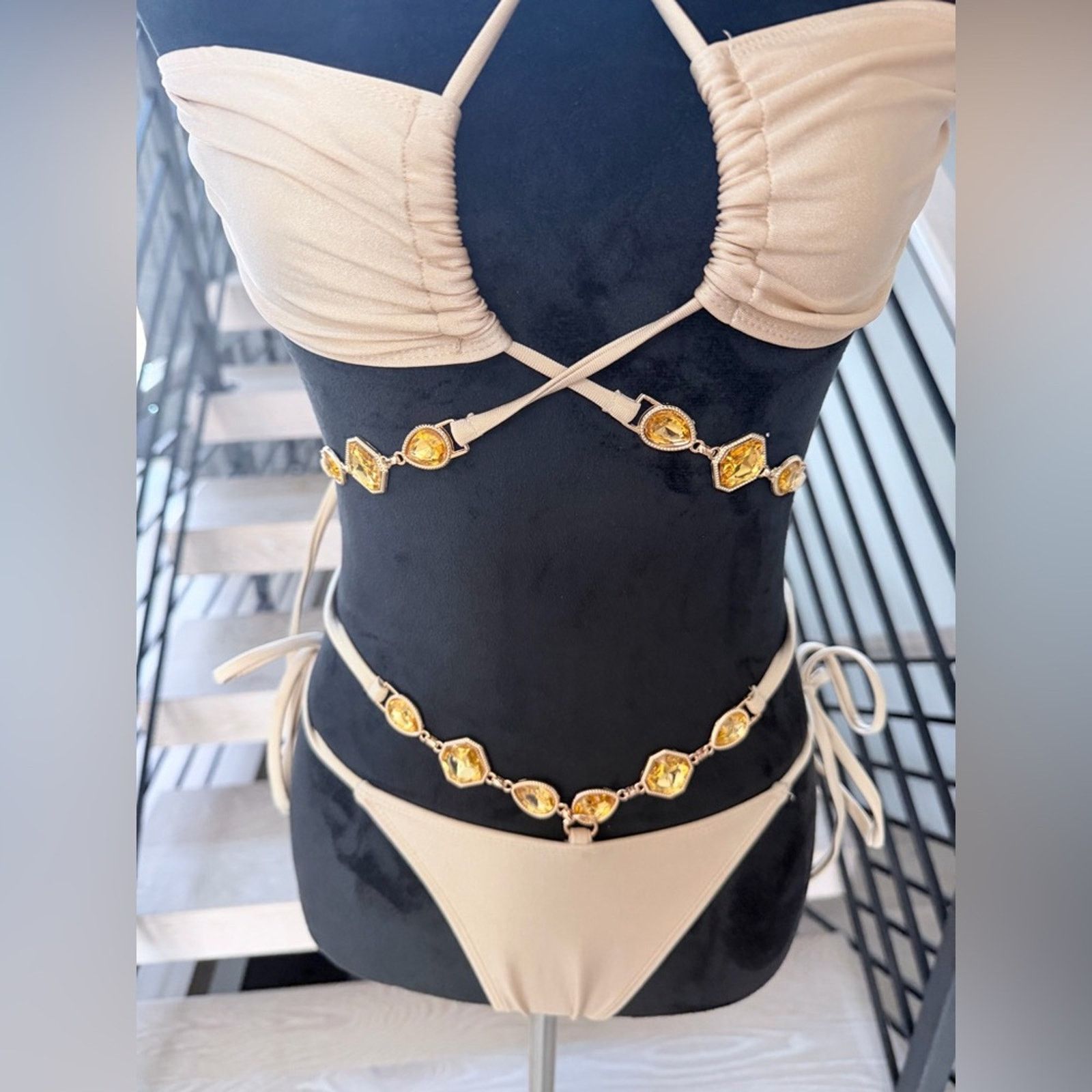 Other New Tan Bikini Swimsuit Bathing suit with rhinestones size S Size ONE SIZE - 8 Thumbnail