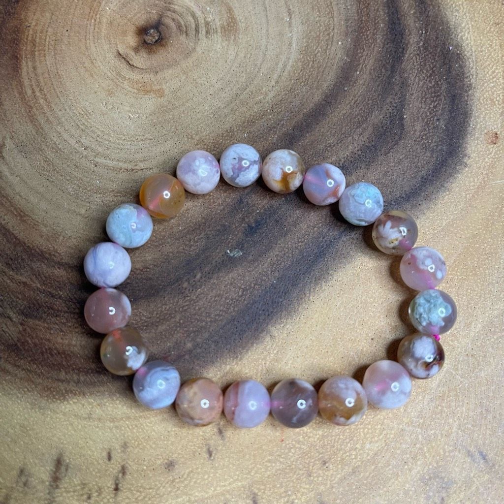 Other Pink green Flower Agate stretch beaded bracelet 7” crystal healing beads 8mm ONE NEW Size ONE SIZE - 4 Thumbnail