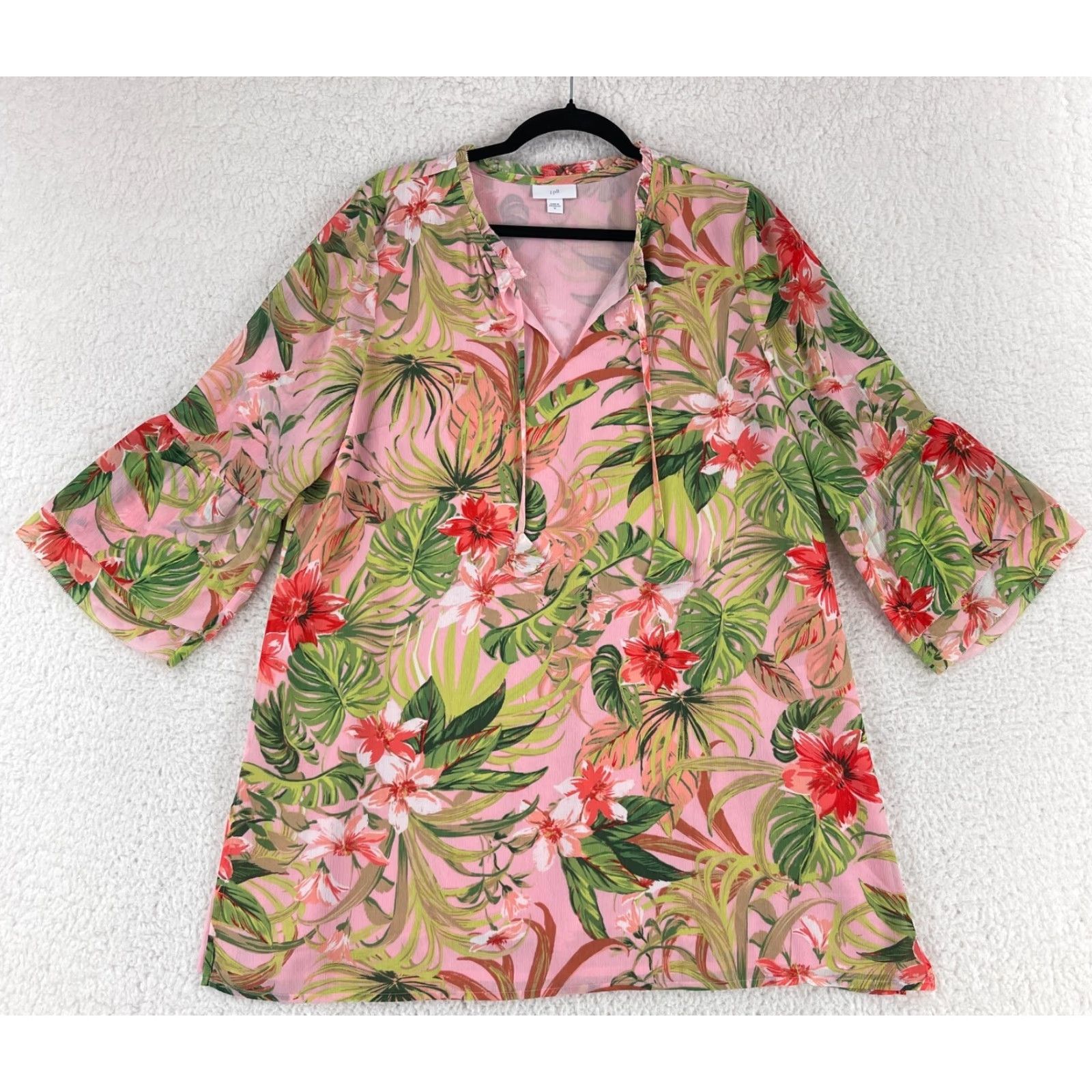 J. Jill J. Jill Pink Tropical Print Tunic Shirt Womens Medium Bell 3/4 Sleeve Pullover Size M / US 6-8 / IT 42-44 - 2 Thumbnail