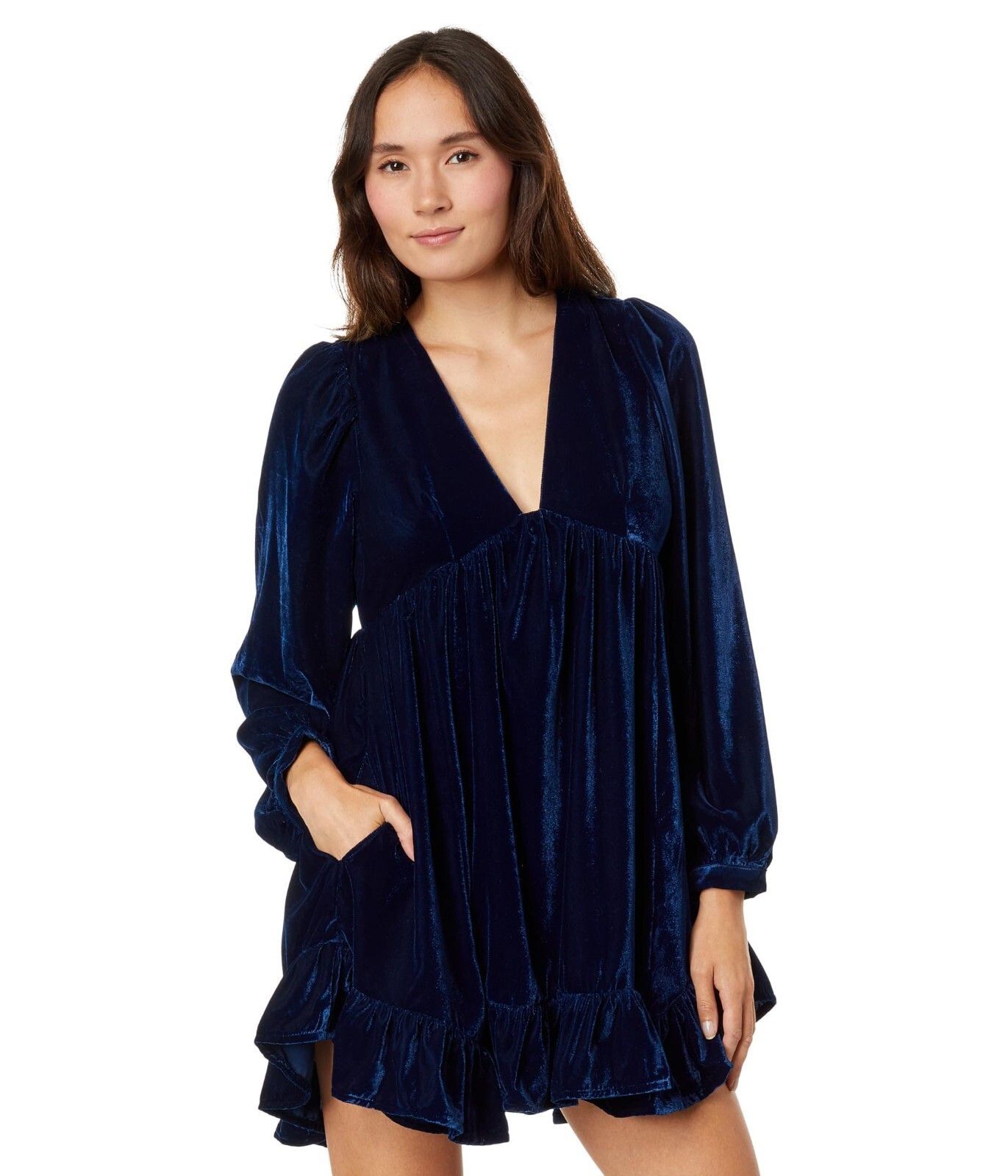 Free People Free People Estella Velvet Flounce Dress Oceana Blue ( L ) Size L / US 10 / IT 46 - 2 Thumbnail