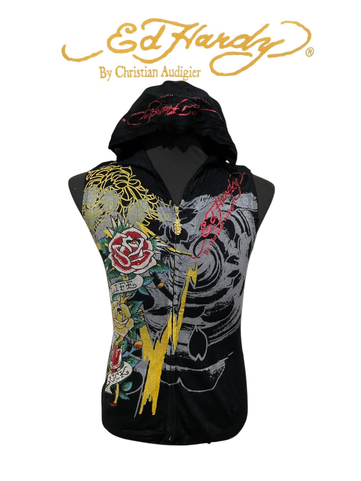 Christian Audigier Ed Hardy By Christian Audigier Sleeveless Hooded Sweatshirt Size M / US 6-8 / IT 42-44 - 14 Thumbnail