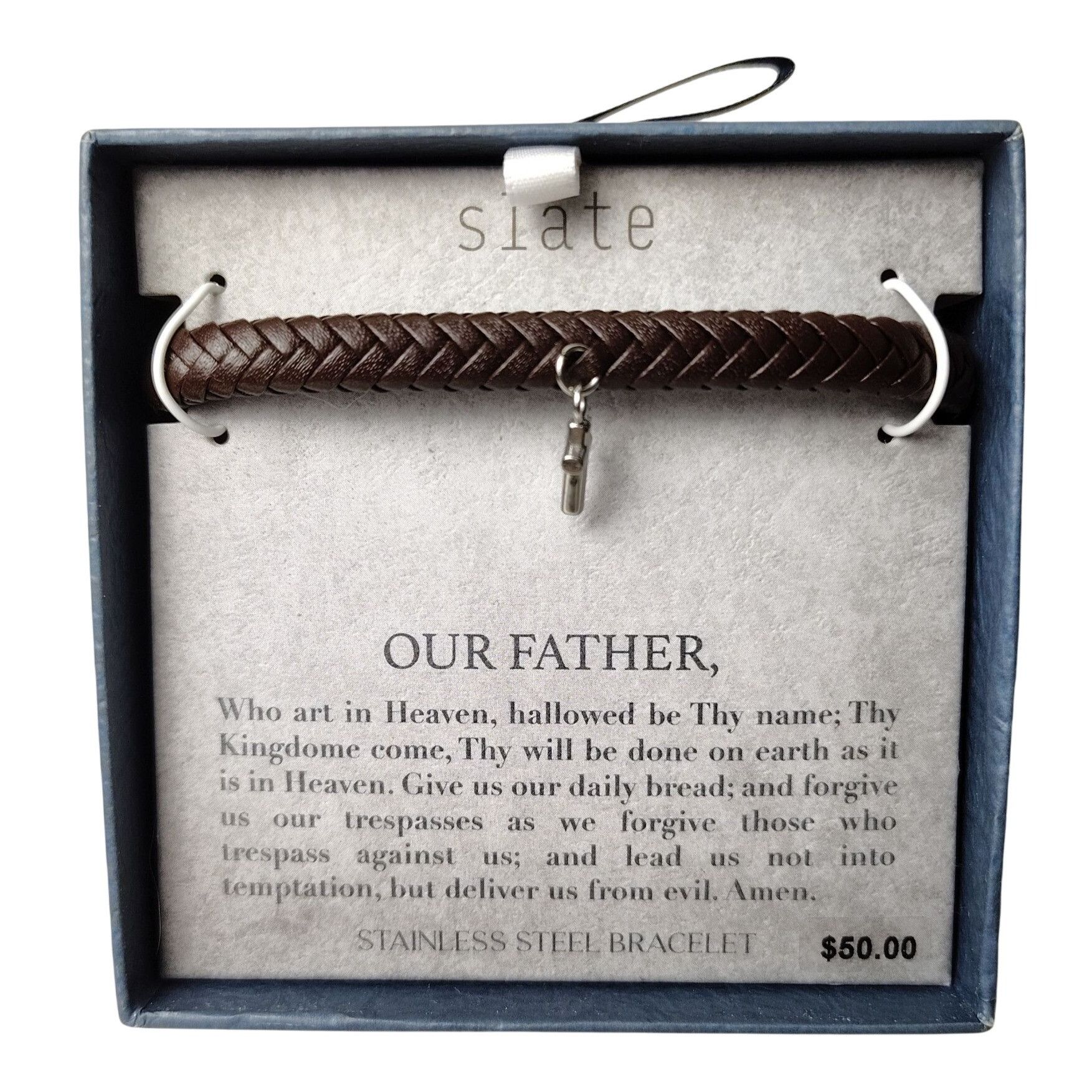 Other Slate Mens Braided Leather Bracelet With Stainless Steel Cro Size ONE SIZE - 1 Thumbnail