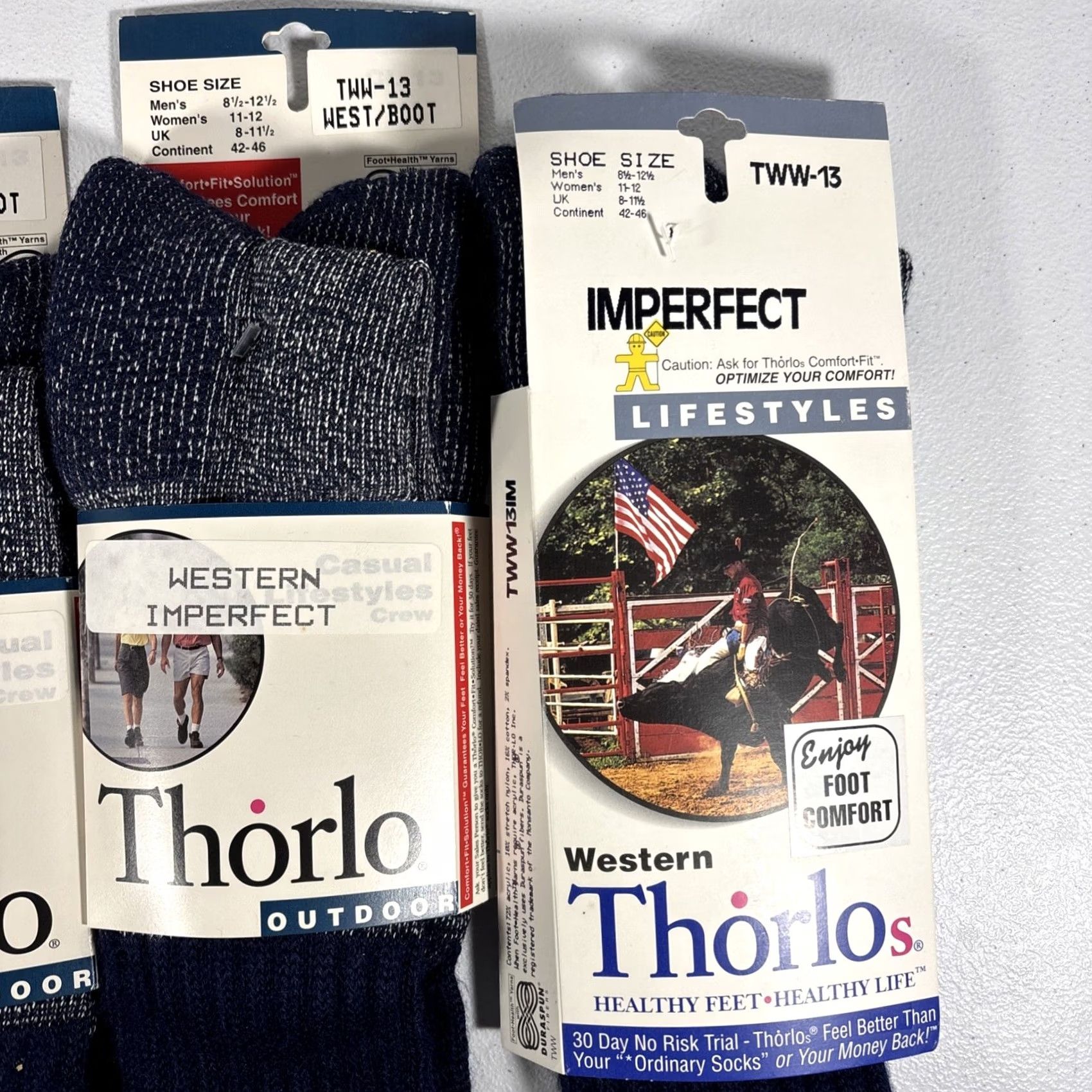 Vintage Thorlos Socks Western Navy Calf 8.5-12.5 Men’s Unisex Adults 4 Pairs TWW-13 USA 90s Cushioned Mid Calf All Seasons Athletic Socks Size ONE SIZE - 3 Thumbnail