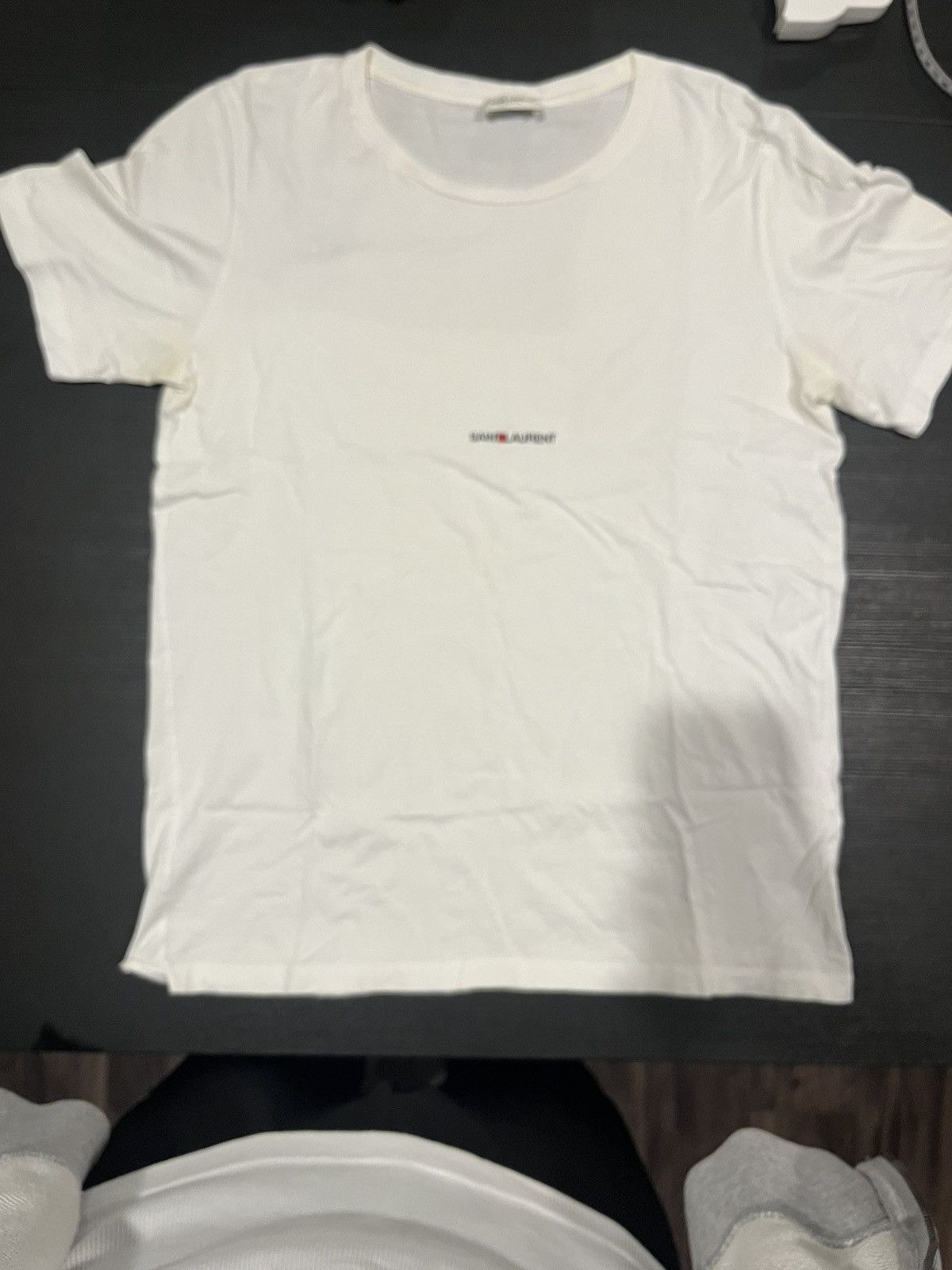 image of Saint Laurent Paris Saint Laurent Logo Tshirt in White, Men's (Size Medium)