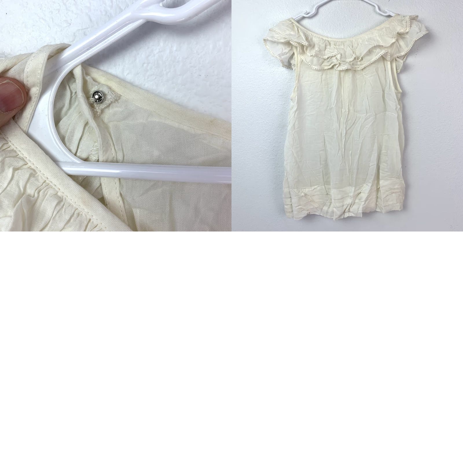 Anthropologie Odille Blouse Womens 4 Ivory Ruffle Pom-Pom Button Tiered Boho Peasant Blouse Top Short Sleeve Sailor? Size S / US 4 / IT 40 - 8 Thumbnail