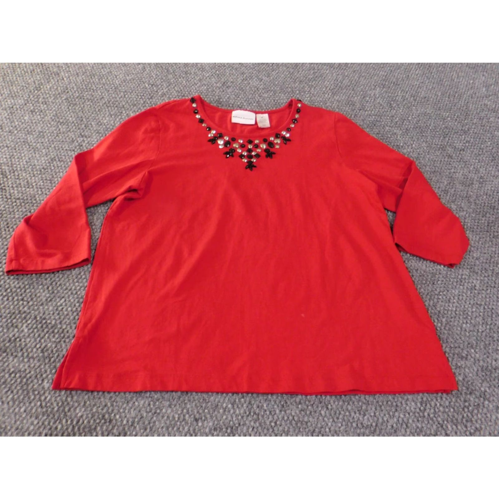 Vintage Alfred Dunner Blouse Shirt Womens L Red Knit Stretch Geometric Floral Embellishments Pullover Round Neck Long Sleeve Casual Vintage No (adjusted) Size L / US 10 / IT 46 - 2 Thumbnail