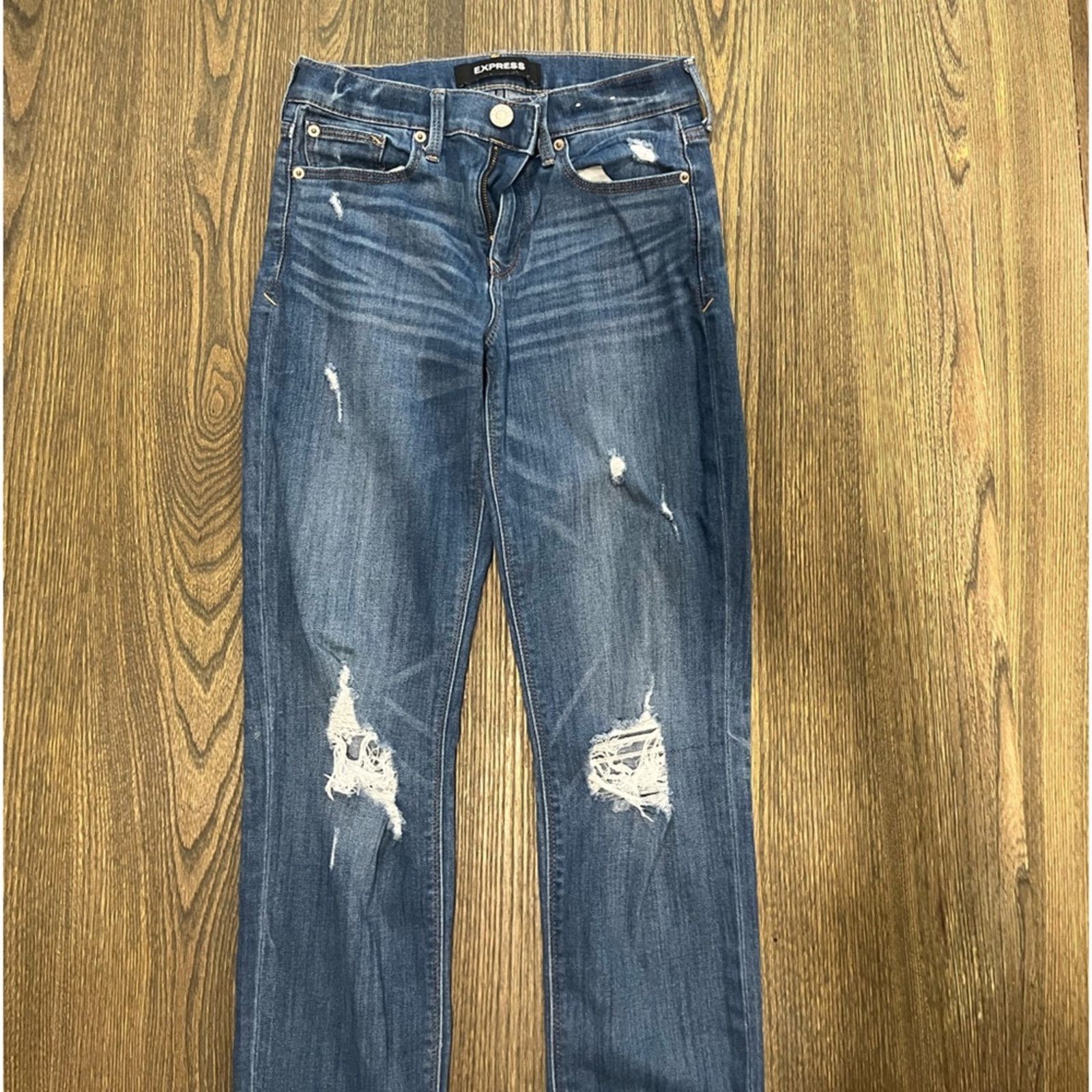 Express Express Super Skinny Jeans Mid Rise Whisker Distressed 2L Size 26" / US 2 / IT 38 - 2 Thumbnail