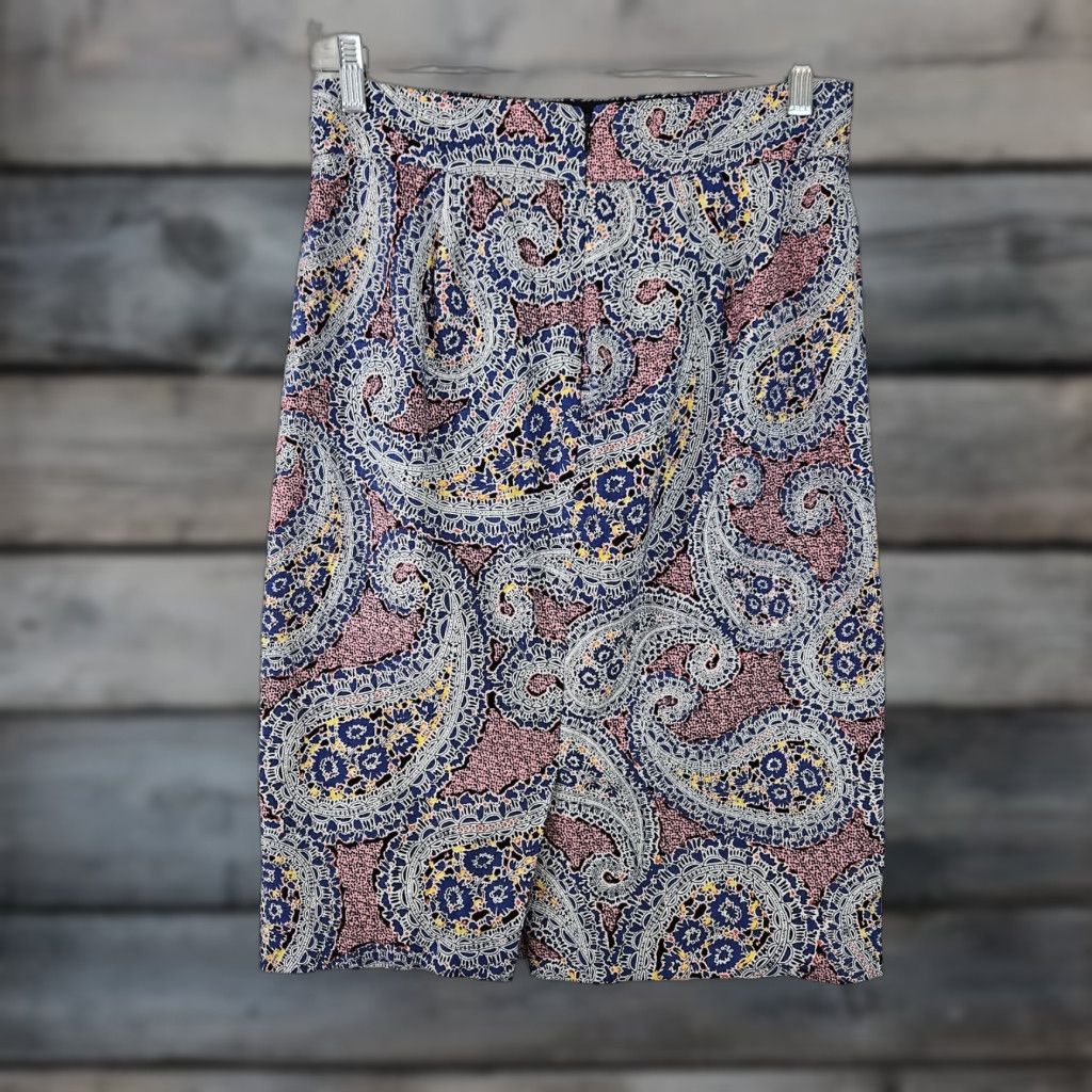 J.Crew J.CREW Pencil Skirt Womens No 2 Sz 4 Blue Pink Paisley Cotton Knee Length Zip Front Year 2000s (adaptable) Size 27" / US 4 / IT 40 - 1 Thumbnail