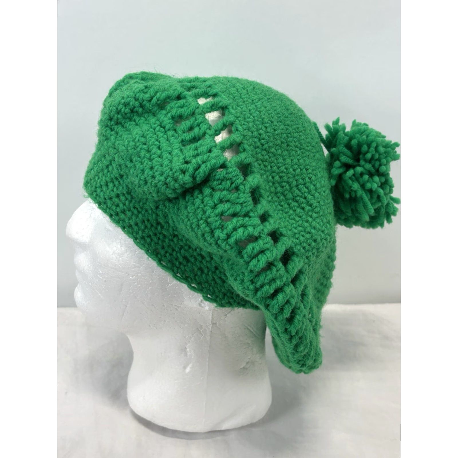 Vintage VINTAGE Handmade Beret Hat Knit Boho Hippie 1970s Kelly Green Pom Pom Floppy Accessories Mens Womens Boys Girls Size ONE SIZE - 2 Thumbnail