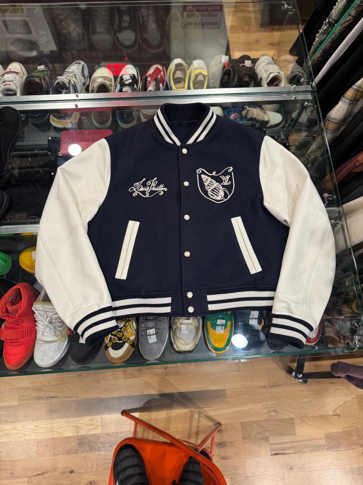 Louis Vuitton Navy Leather Varsity Jacket Size 60