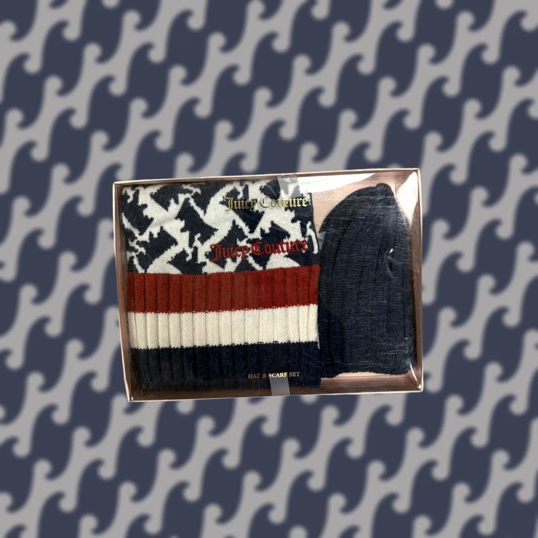 Juicy Couture VINTAGE Juicy Couture Hat Scarf Gift Set Womens Navy Blue Square/Rectangle Knit Polyester Neck Warmer Logo Open Box Size ONE SIZE - 1 Thumbnail