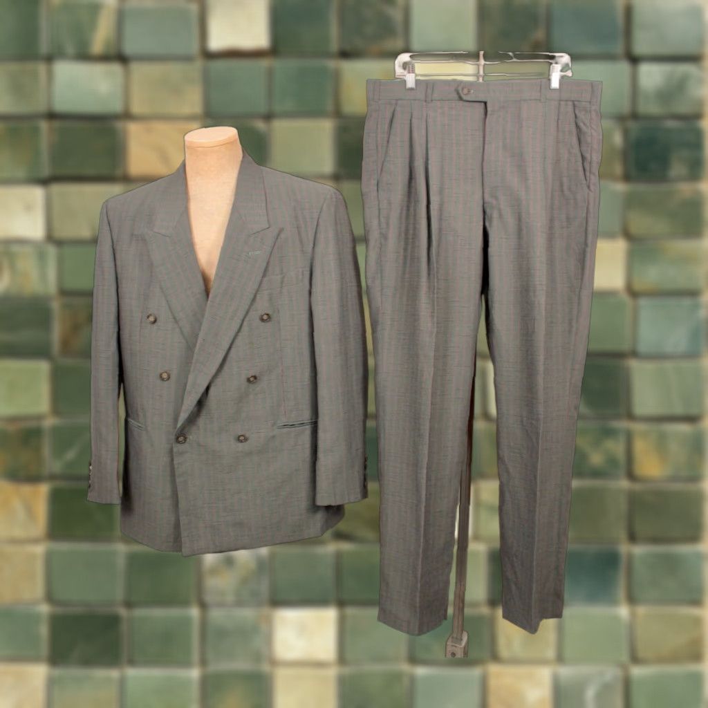 Doublet VINTAGE 80s Suit Mens Blue Pinstripe Double Breasted 2 PC Sz Large 42 R 1980s Gino Cappeli Size 42R - 1 Thumbnail