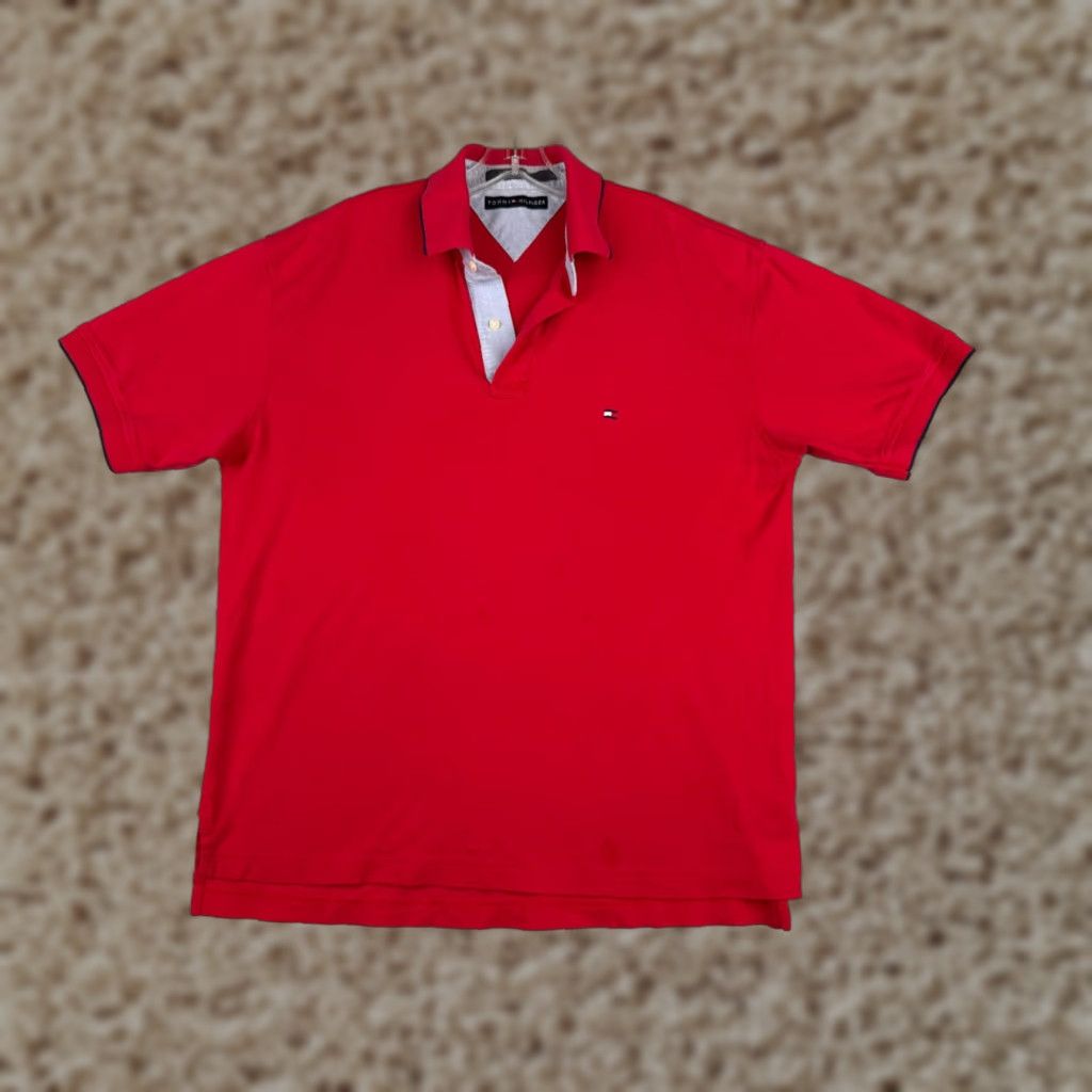 Tommy Hilfiger VINTAGE Tommy Hilfiger Polo Shirt Men Red 100% Cotton Jersey Short Sleeve Adult Large Slim Key Logo Embroidered 90s Sports Style Mens Size US L / EU 52-54 / 3 - 1 Thumbnail