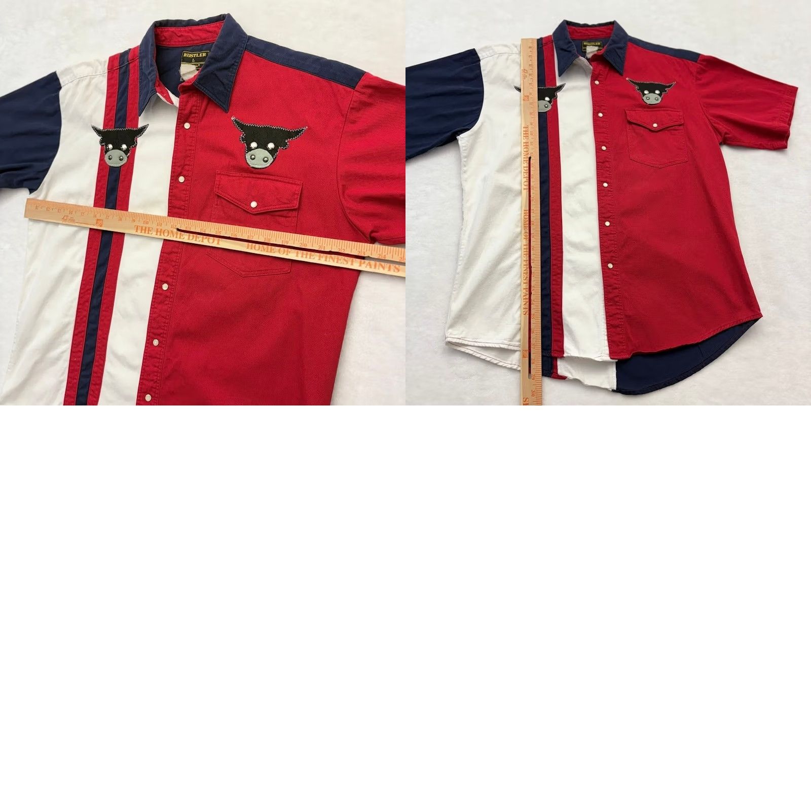 Wrangler VINTAGE Rustler Pearl Snap Red White Blue Western Shirt Embroidered Bull Size L Mens Short Sleeve Ranch Wrangler Size US L / EU 52-54 / 3 - 8 Thumbnail