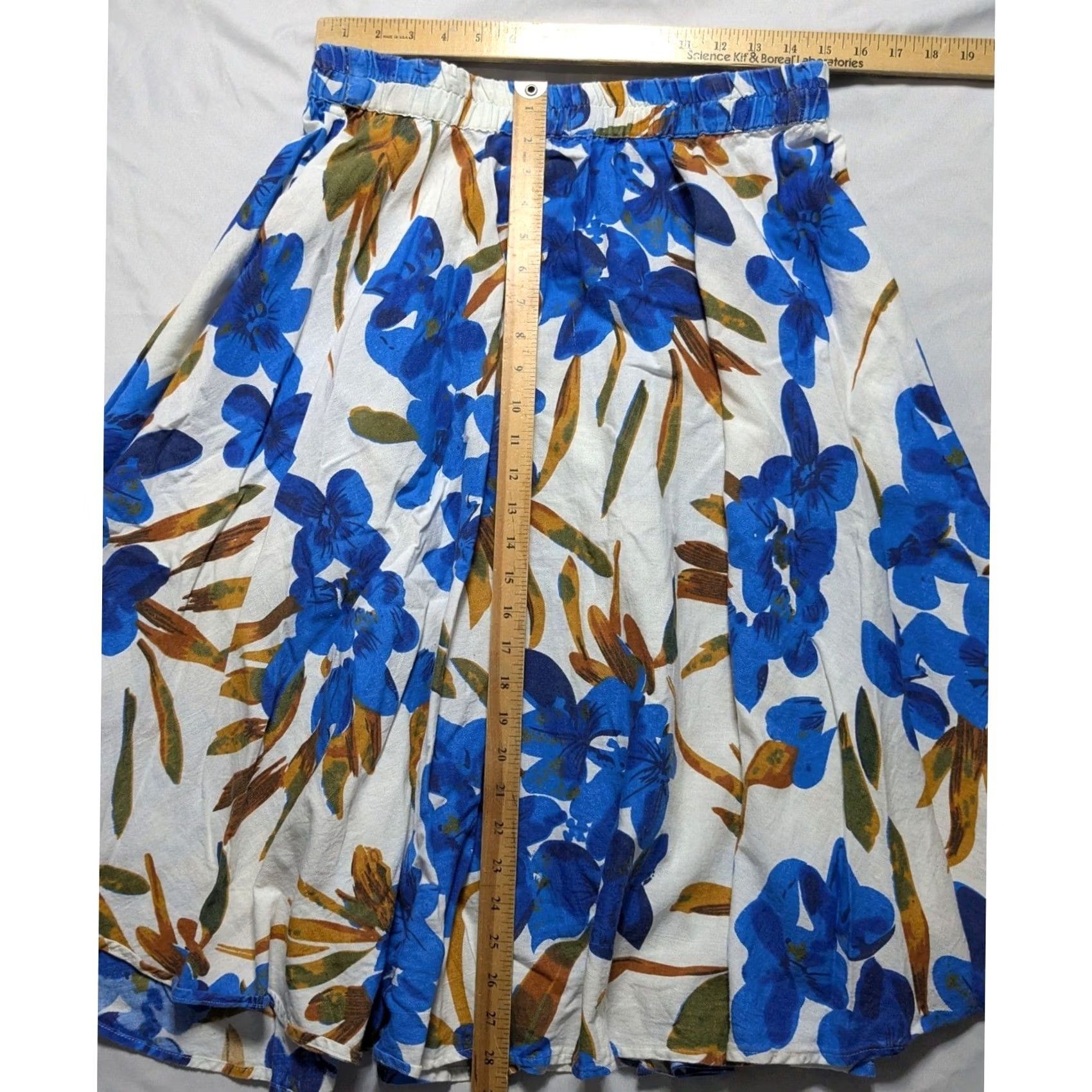 Vintage Flint & Moss Skirt Blue Floral Cotton Linen Midi Elastic Waist Women L Size 36" / US 14 / IT 50 - 4 Thumbnail