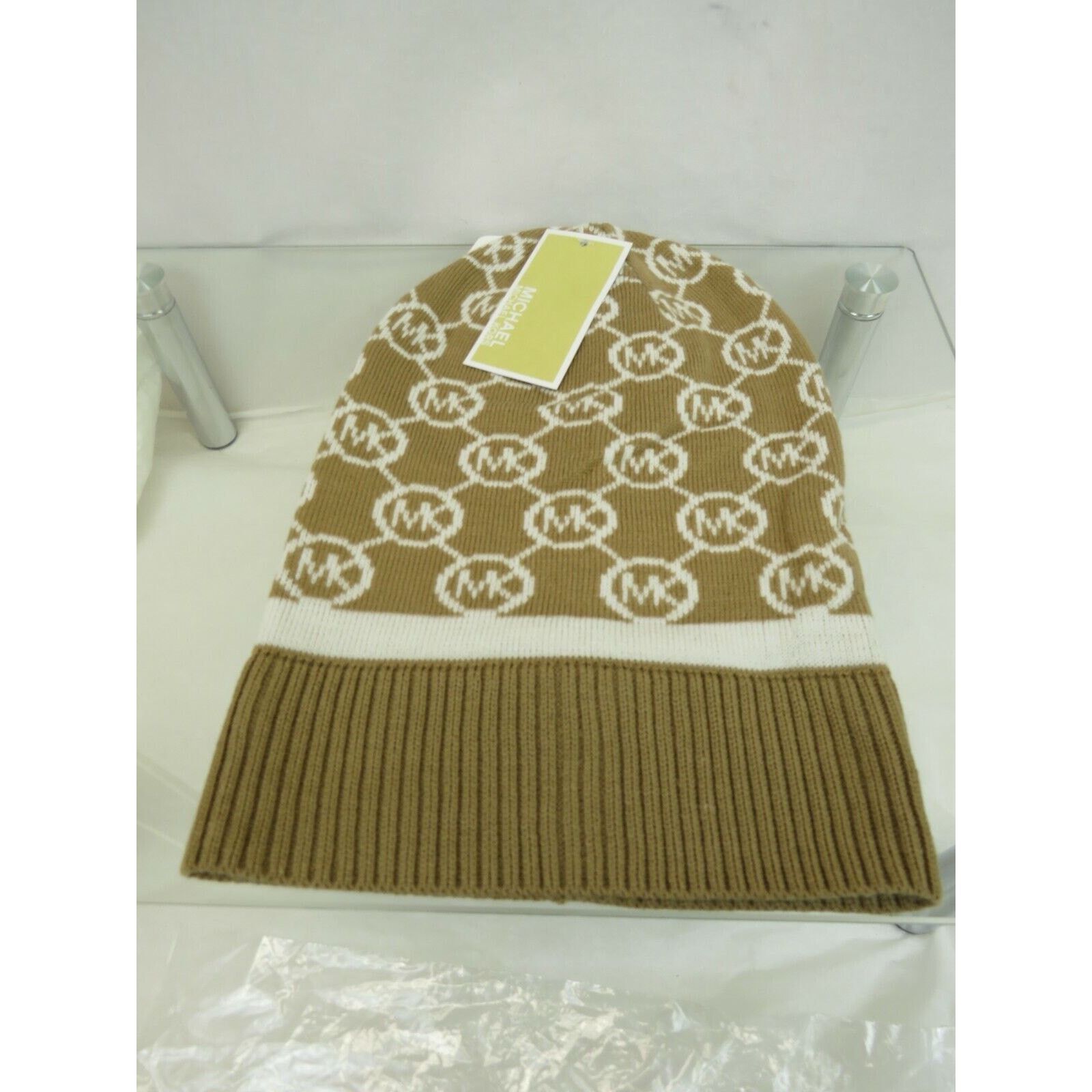 Michael Kors DARK CAMEL JET SET MK LOGO PRINT CALF BEANIE HAT SIZE 0/S Size ONE SIZE - 3 Thumbnail