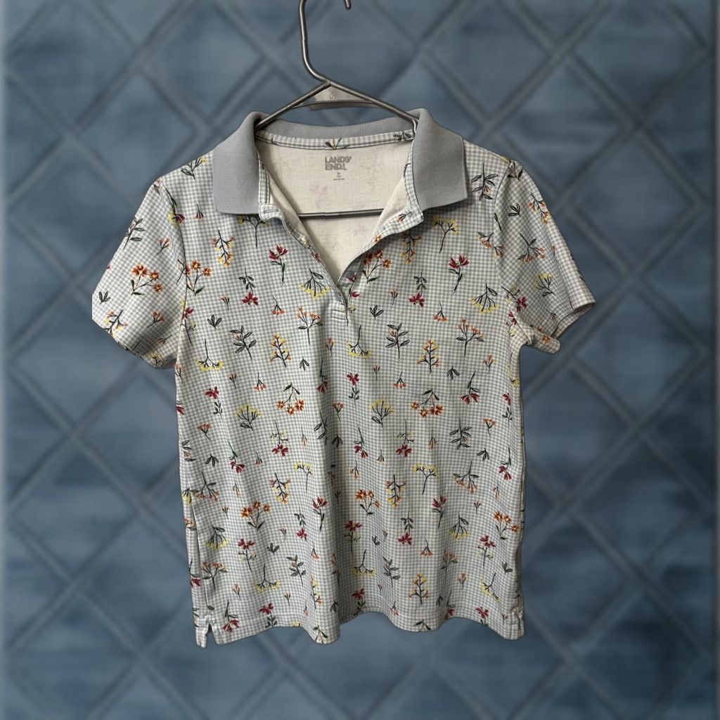 Lands' End Lands' End Polo Shirt Womens Medium Blue Floral Gingham Short Sleeve Cotton Spandex Button Size M / US 6-8 / IT 42-44 - 1 Thumbnail