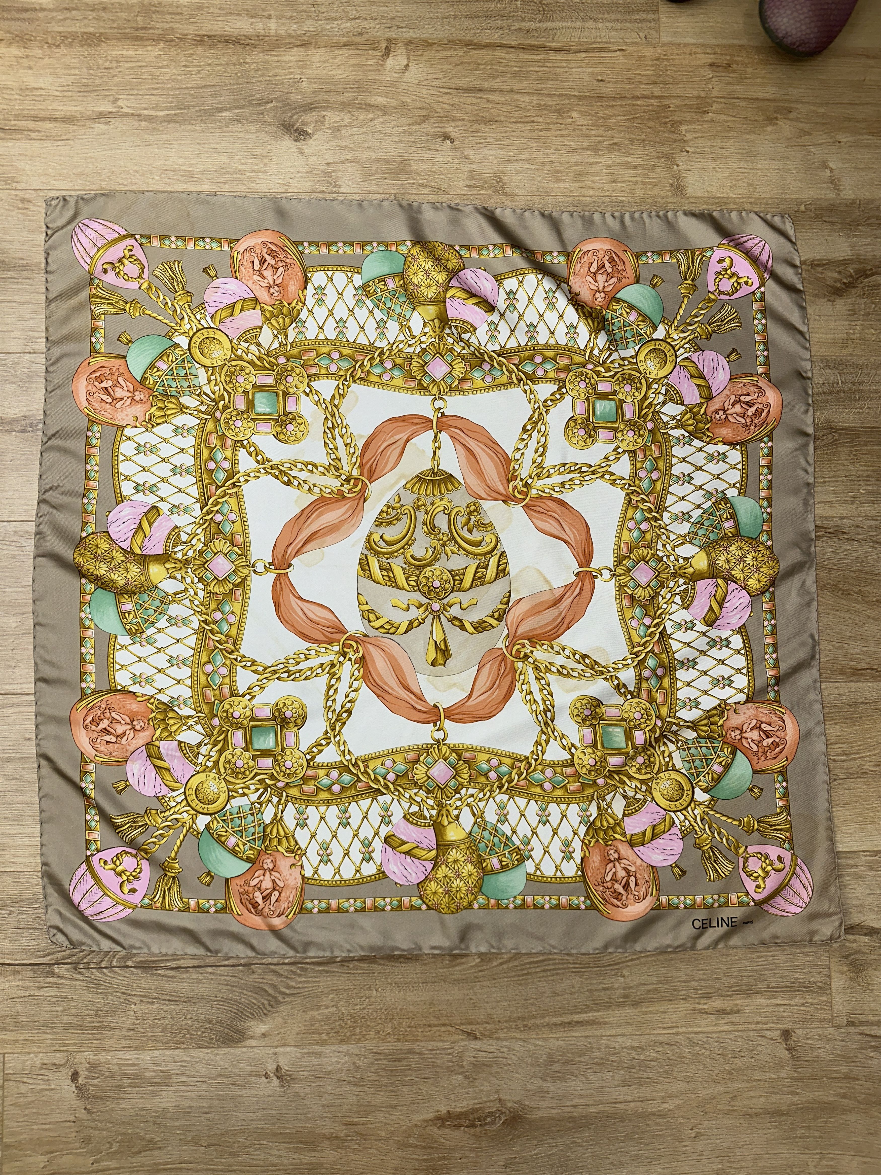 Celine Celine Vintage Silk Scarf Baroque Chain Egg Motif 88cm Rare Size ONE SIZE - 1 Thumbnail