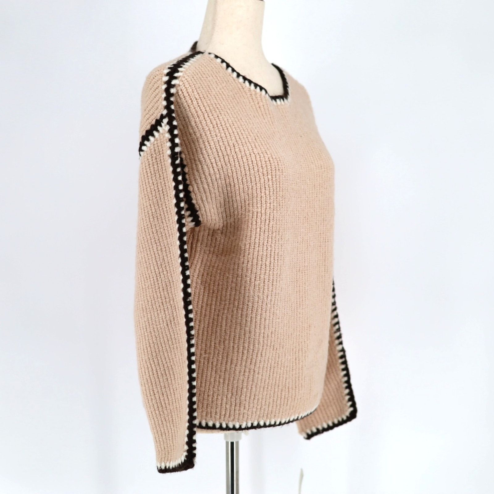 The Unbranded Brand Single Thread Women Ivory Contrast Trim Sweater Size XS Size XS / US 0-2 / IT 36-38 - 3 Thumbnail
