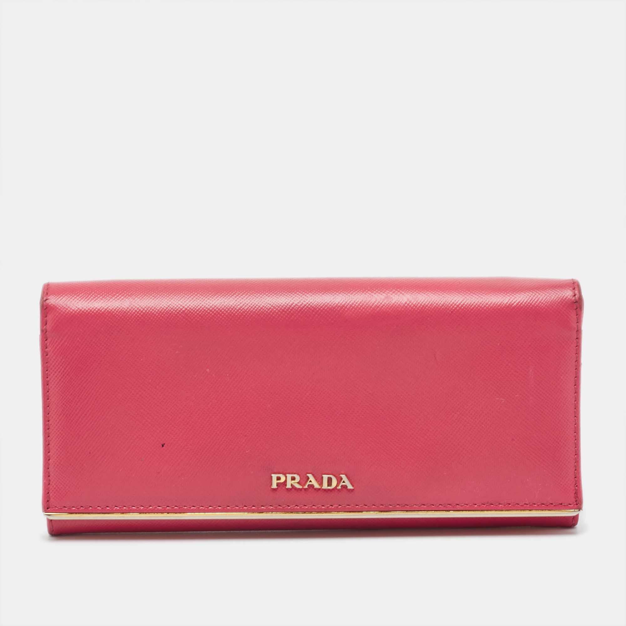 image of Prada Pink Saffiano Leather Metal Detail Continental Wallet, Women's