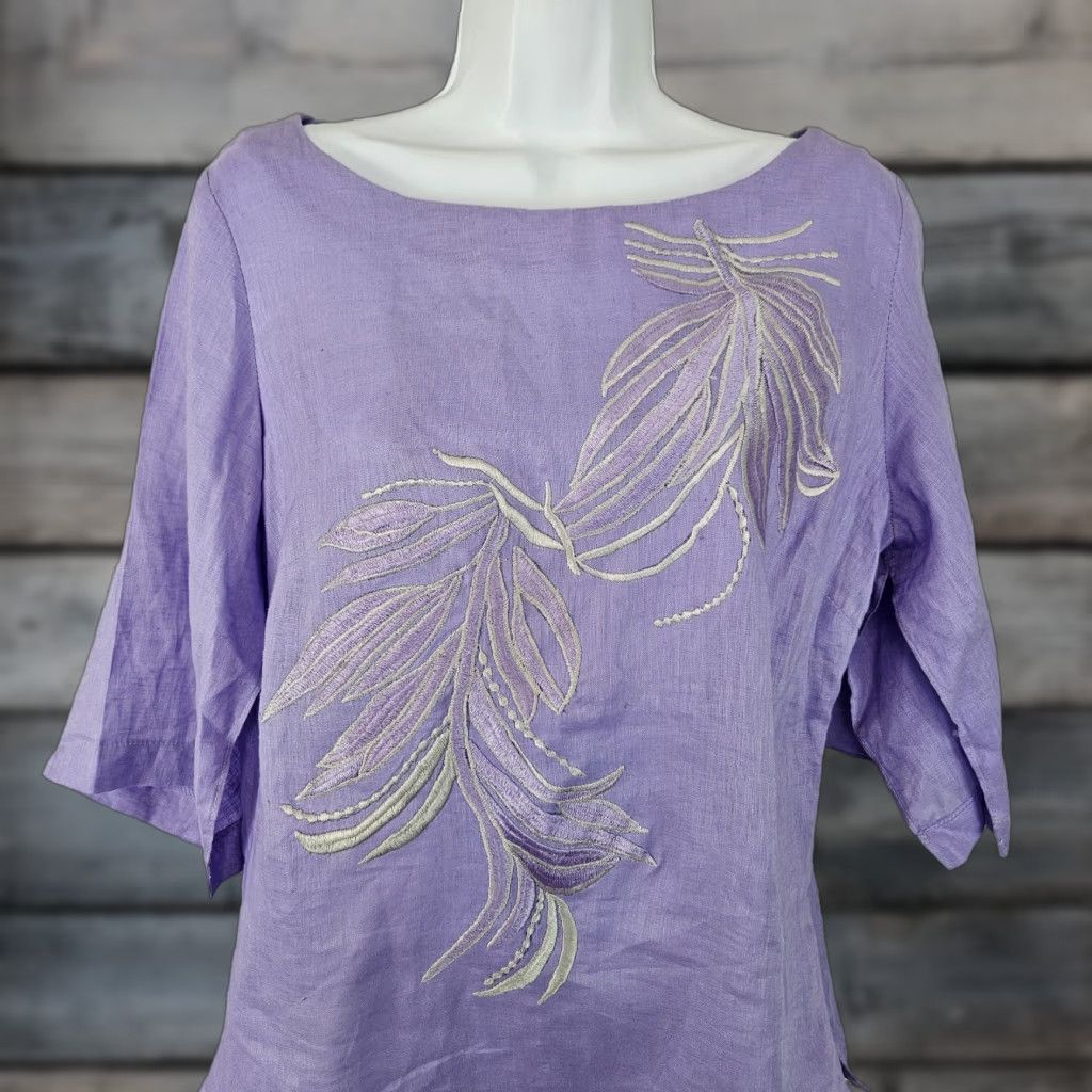 Vintage Salma Womens Linen Top Sz Large Purple Silver Embroidered Side Zip Split Sleeve Blouse Size L / US 10 / IT 46 - 1 Thumbnail