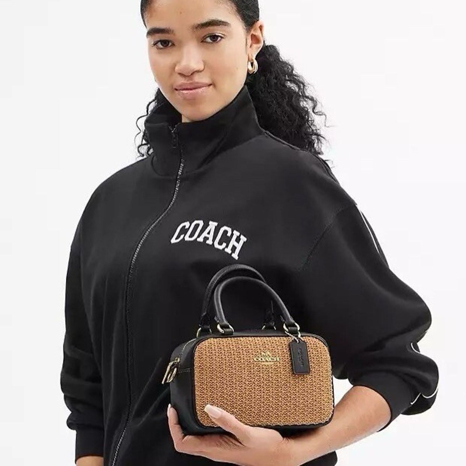 Coach NWT COACH Satchel Mini Bag CAK74 Toast/Black Straw Leather Size ONE SIZE - 6 Thumbnail
