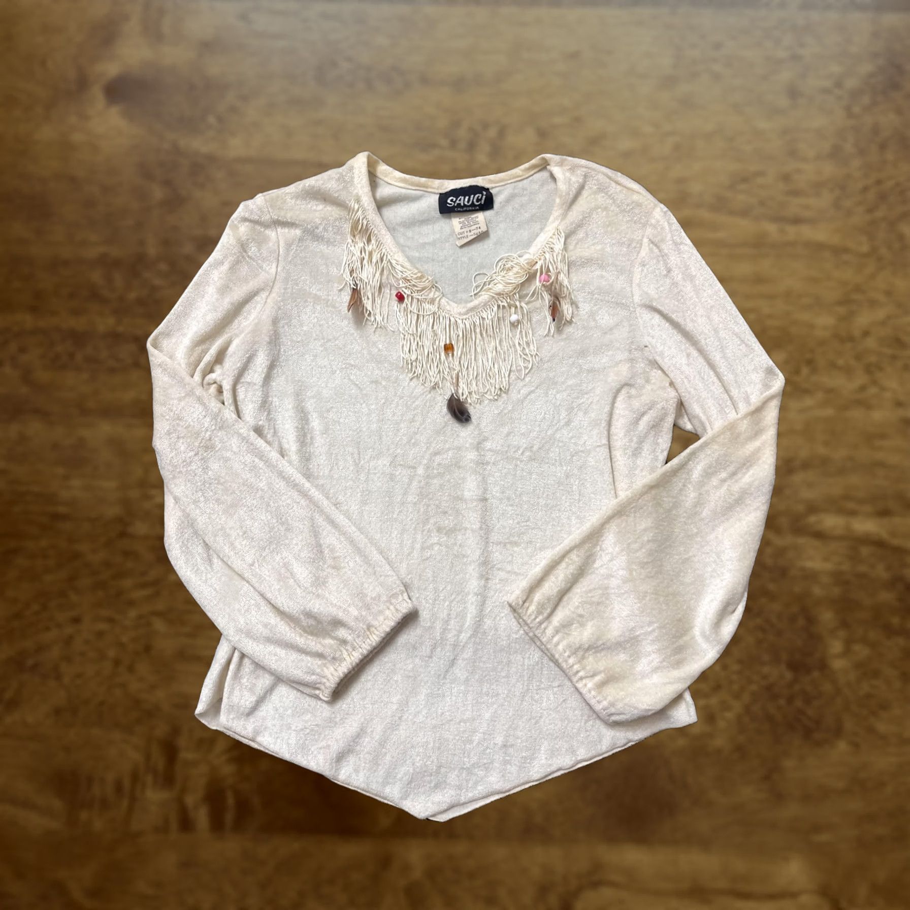 Vintage VINTAGE Sauci California Shirt Womens Large Cream Fringe Long Sleeve Boho 70s Size L / US 10 / IT 46 - 1 Thumbnail