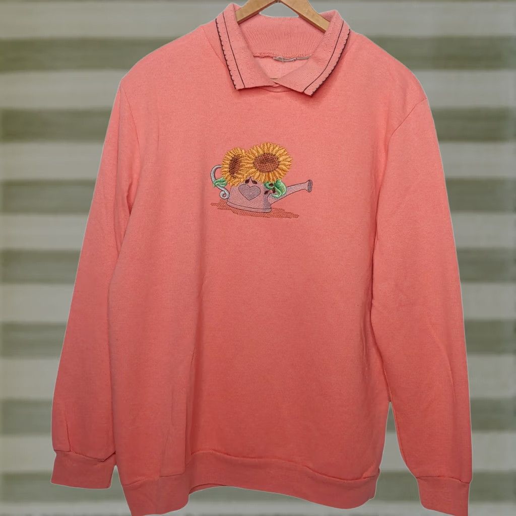 Sunflower VINTAGE Sweatshirt L Sunflower Teapot Collared Embroidered Floral Cottagecore Women’s Sweatshirt L Salmon Cotton Blend Knit Pullover Size L / US 10 / IT 46 - 1 Thumbnail