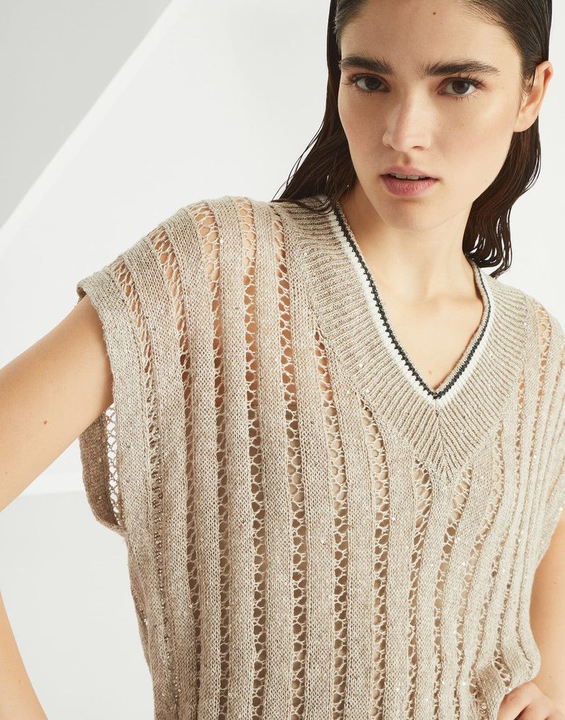 Brunello Cucinelli o1la1rc1a0326 Knitted Vest in Beige Size XL / US 12-14 / IT 48-50 - 3 Thumbnail