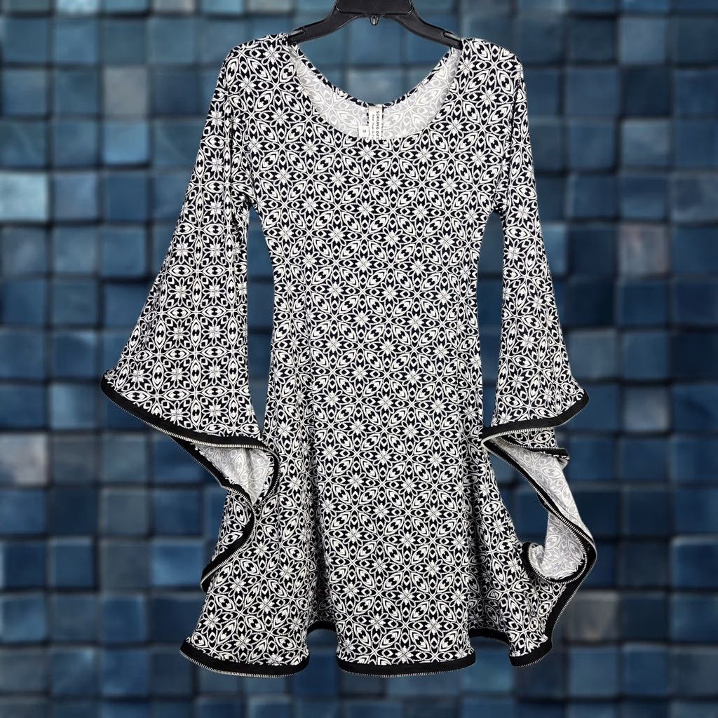 Vintage Sohung Designs Circle Cutout Zipper Trim Tunic Women's Dress S Multicolor Long Sleeve Knee Length A-Line Casual Party/Cocktail