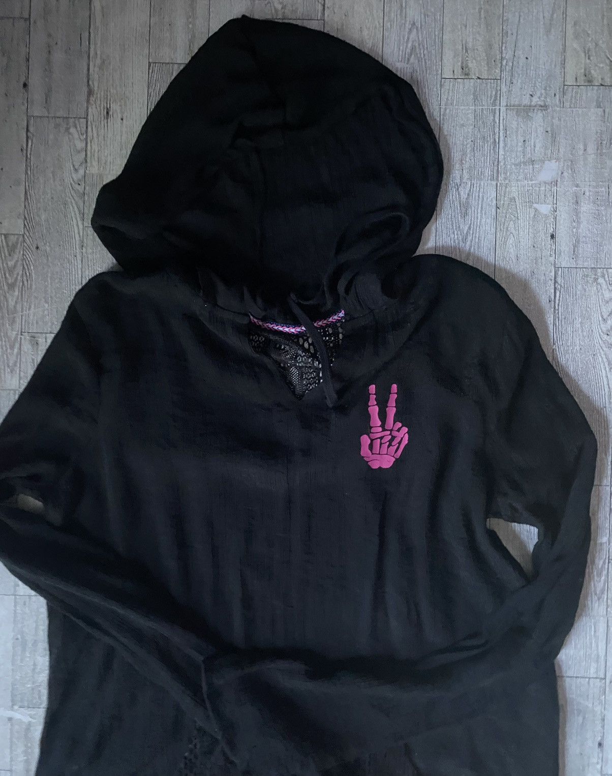 Vintage Retro, Peace Sign Skeleton, Upcycled, Hooded, Cover-Up Tunic Size S / US 4 / IT 40 - 8 Thumbnail