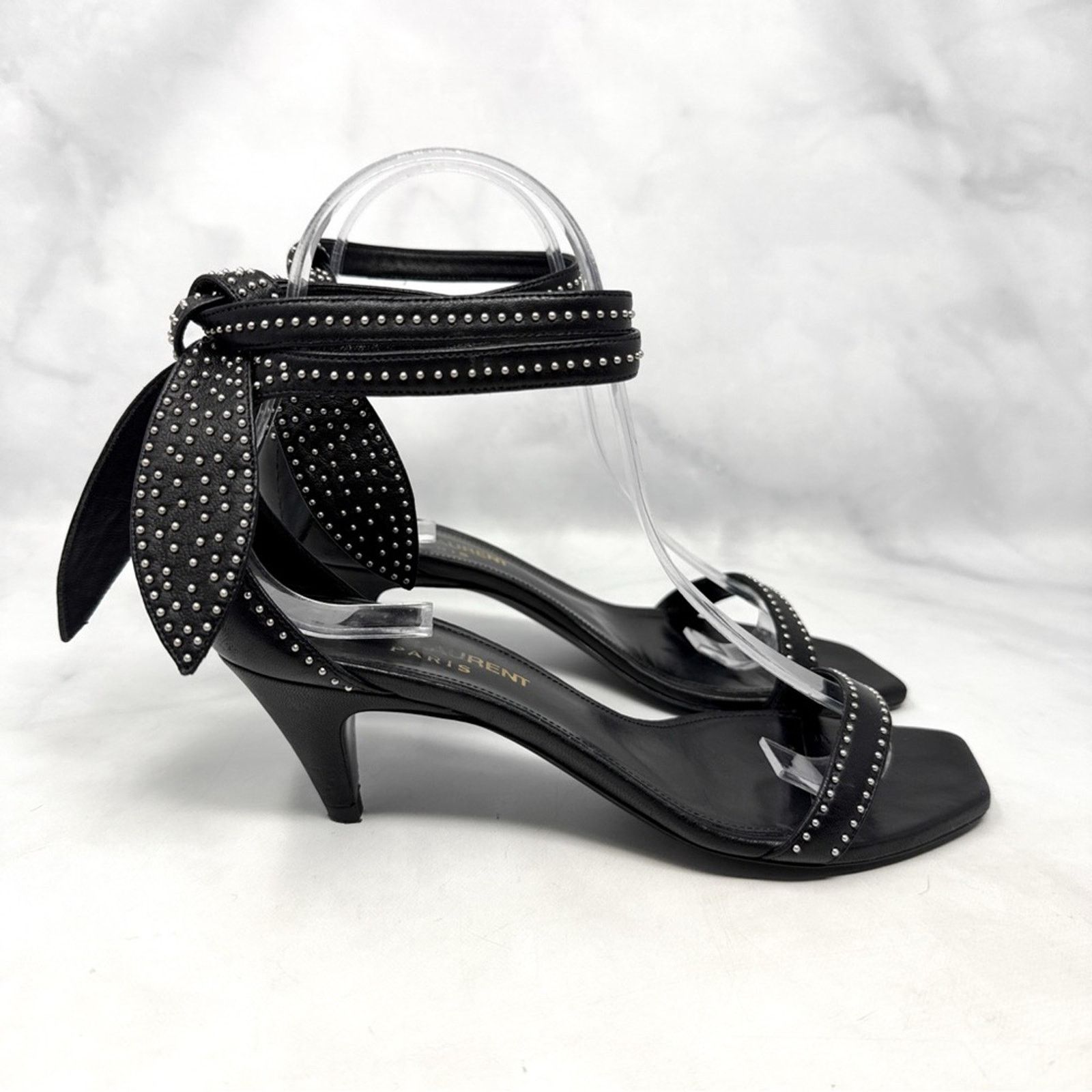 Saint Laurent Paris Saint Laurent Charlotte Stud Square Toe Kitten Sandal Heel Shoes in Black, Women's (Size 5.5)