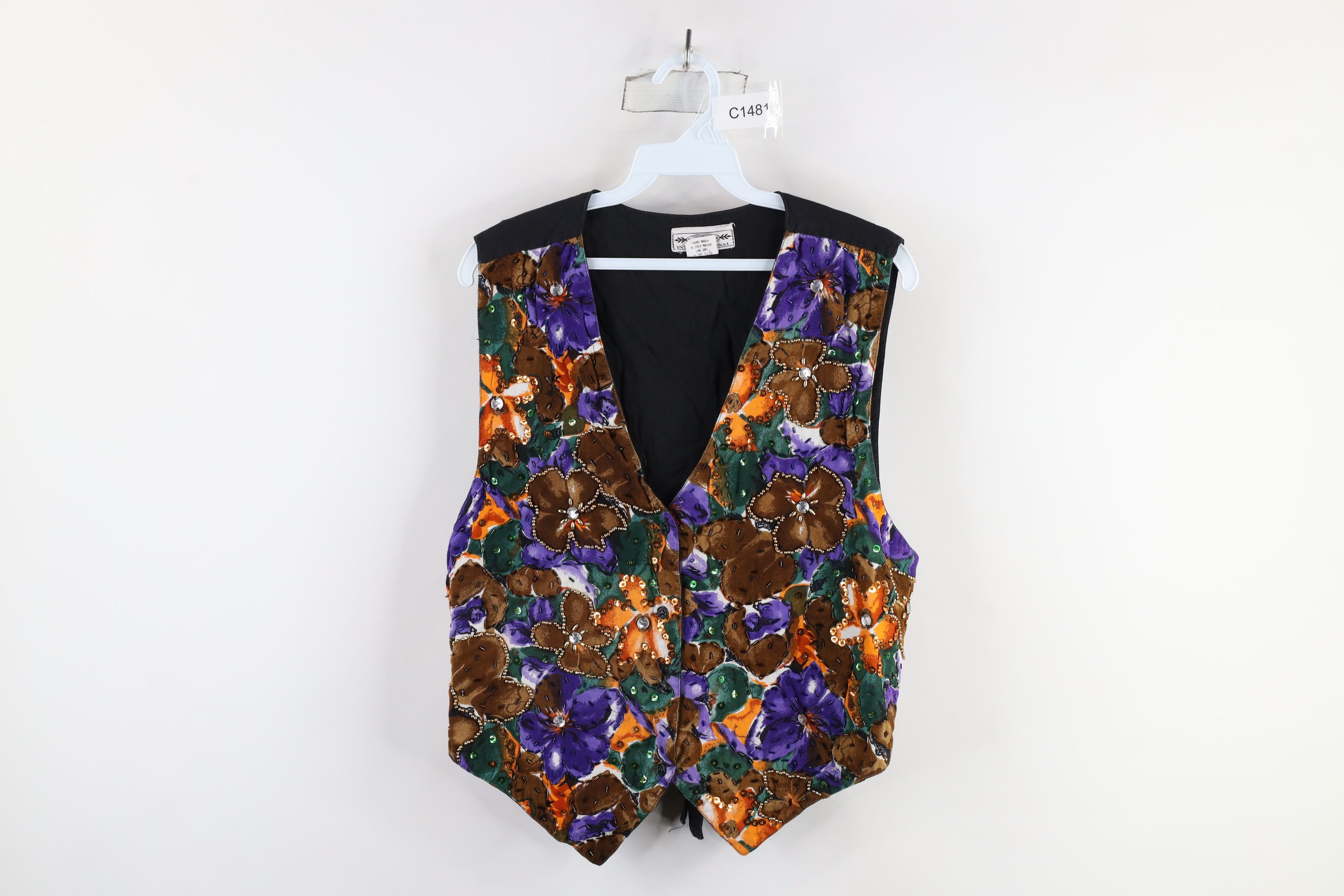Vintage Vintage 90s Streetwear Sequined Flower Tie Back Vest Jacket Size L / US 10 / IT 46 - 1 Thumbnail