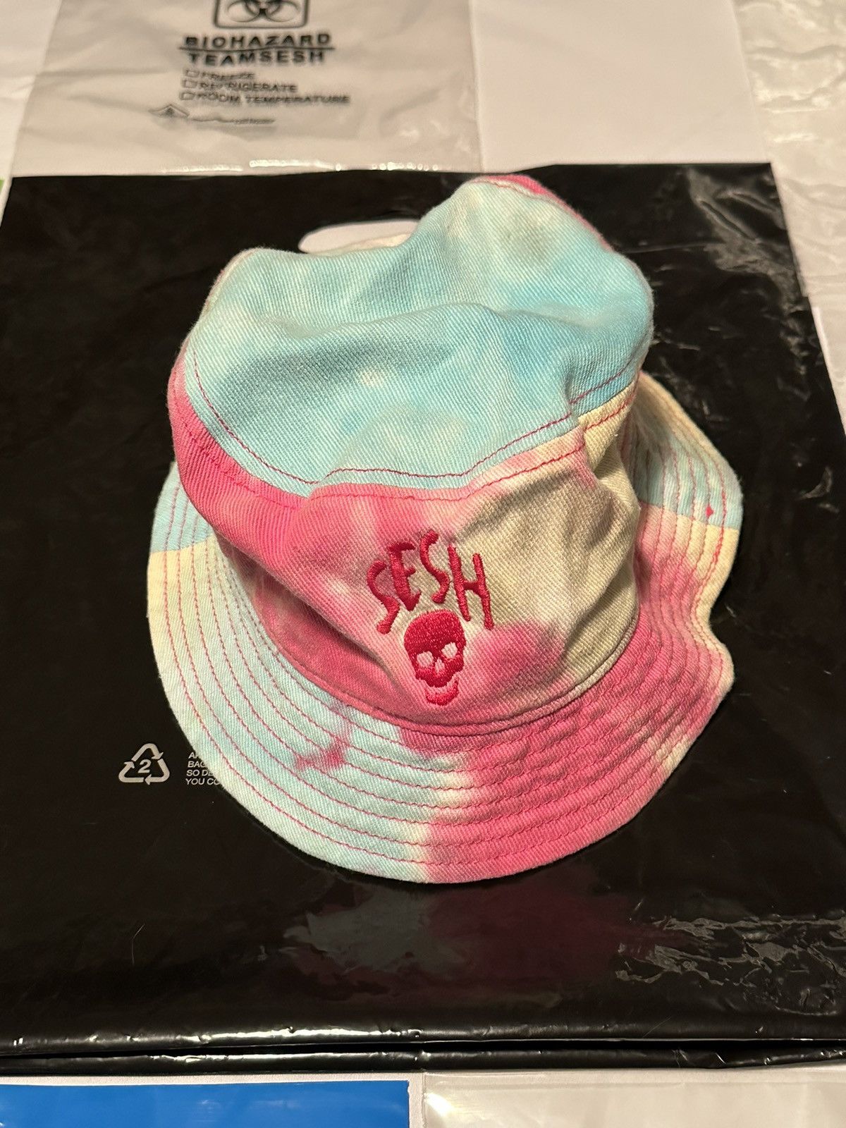 image of Bones x Team Sesh Tiedye Sesh Skull Embroidered Bucket Hat Raspberry in Pink, Men's