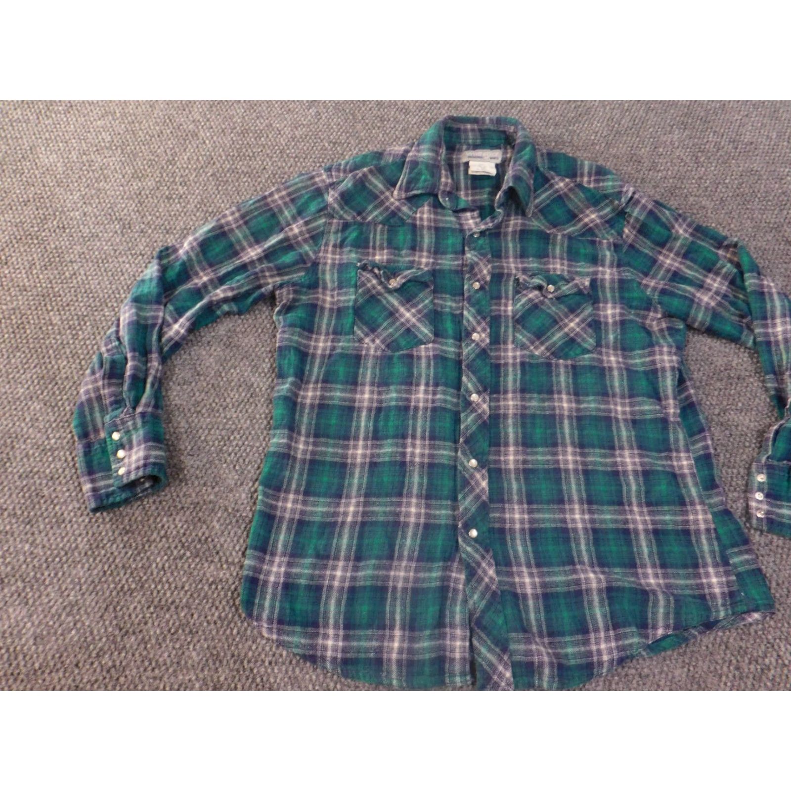 Wrangler wrangler shirt mens large pearl snap green plaid cowboy flannel wrancher button-up long sleeve cotton blue Size US L / EU 52-54 / 3 - 7 Thumbnail