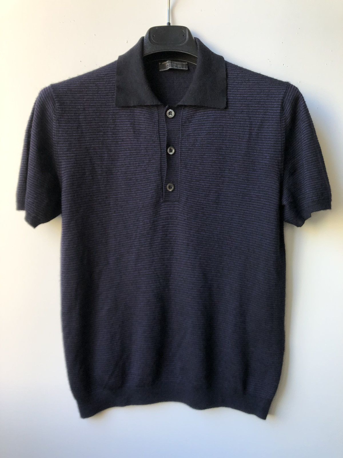 image of Prada Navy Micro Stripe Cashmere Silk Polo, Men's (Size Small)