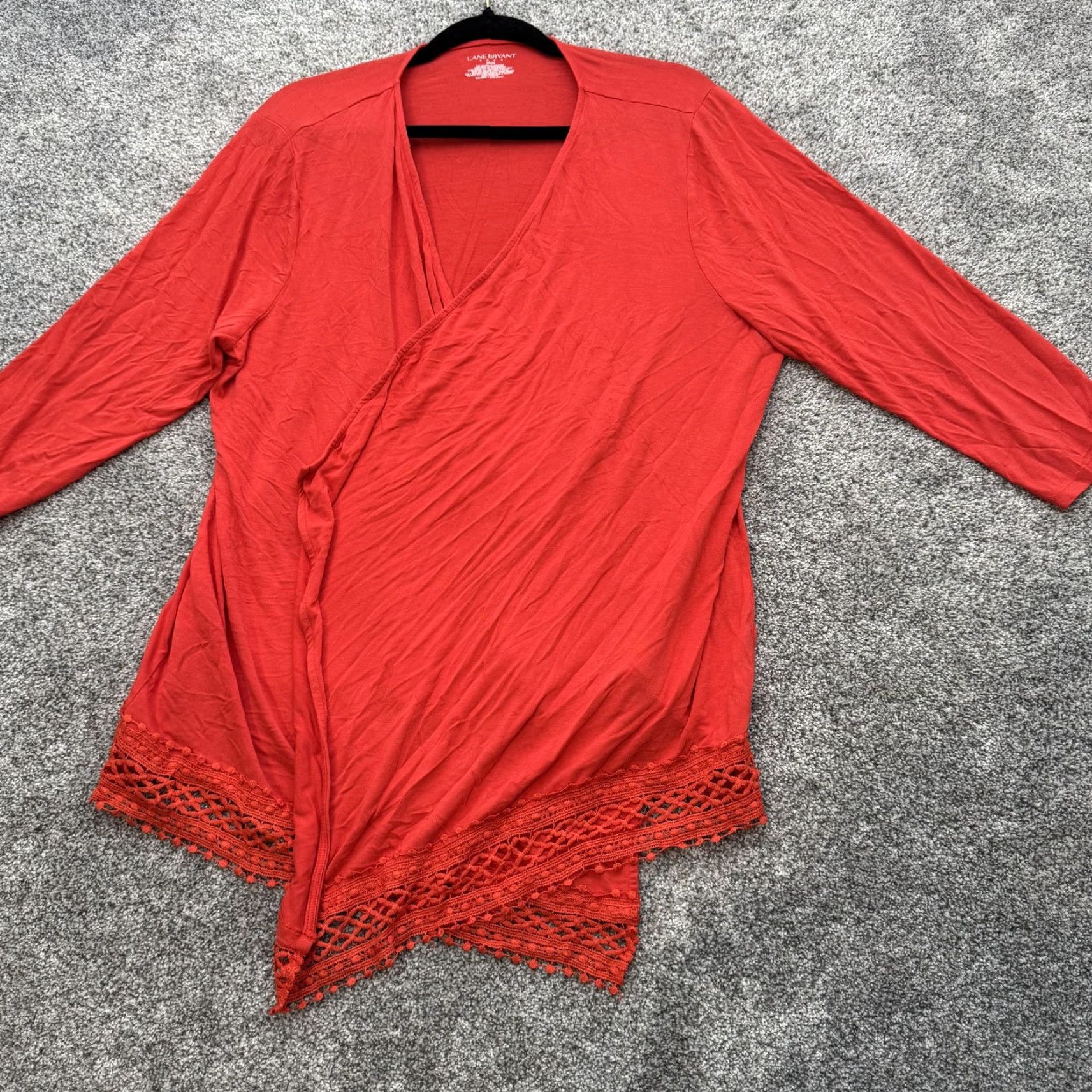 Vintage Lane Bryant Cardigan Womens 14/16 Red Open Front Lace Hem 3/4 Sleeve Boho Drape Size XL / US 12-14 / IT 48-50 - 4 Thumbnail