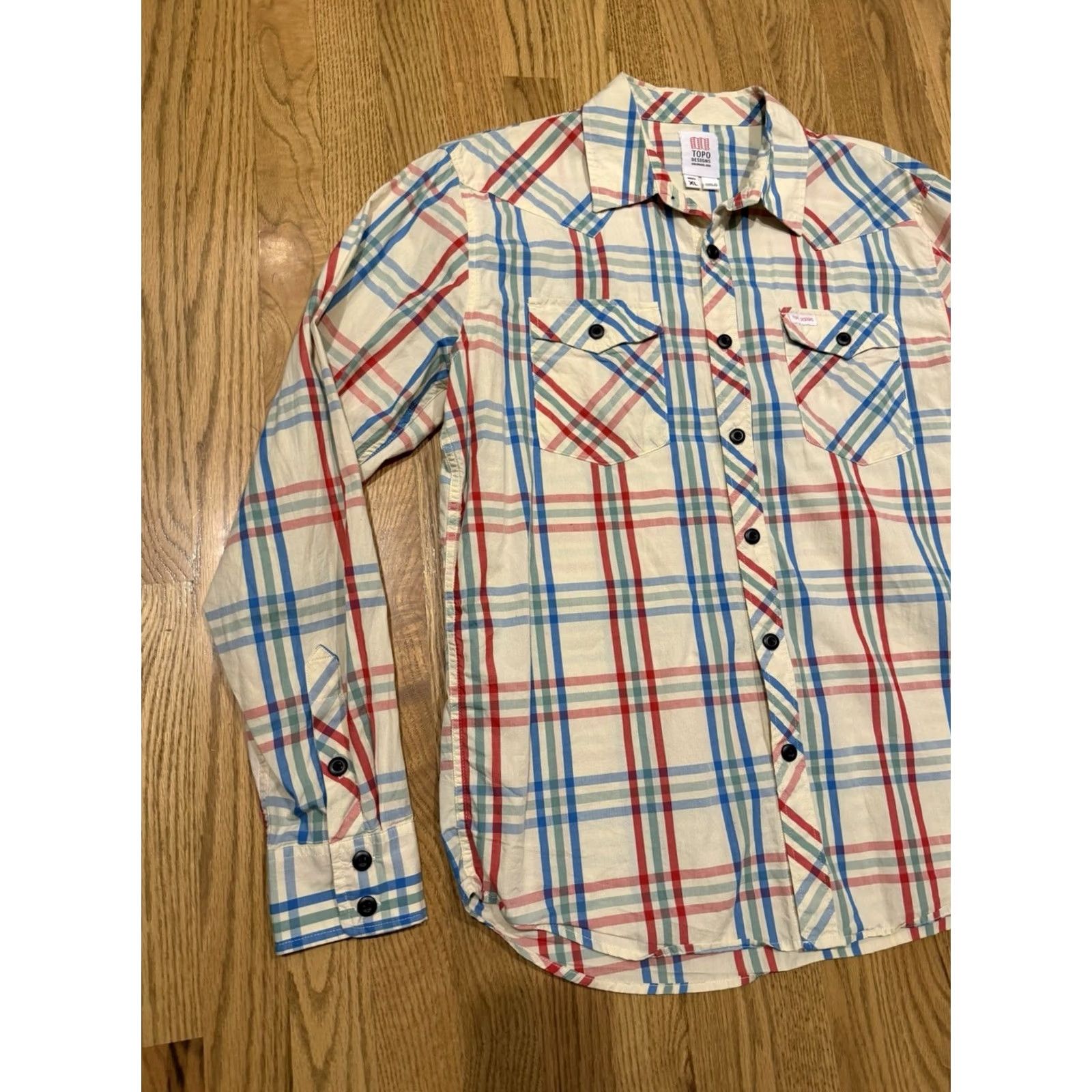Topo Designs Topo Designs Plaid Button-Up Shirt Mens XL Long Sleeve Pockets Organic Cotton Multicolor Store Photos/Measurements Size US XL / EU 56 / 4 - 5 Thumbnail