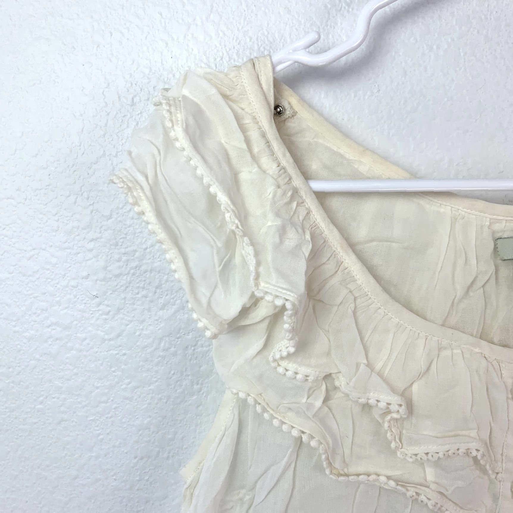 Anthropologie Odille Blouse Womens 4 Ivory Ruffle Pom-Pom Button Tiered Boho Peasant Blouse Top Short Sleeve Sailor? Size S / US 4 / IT 40 - 3 Thumbnail