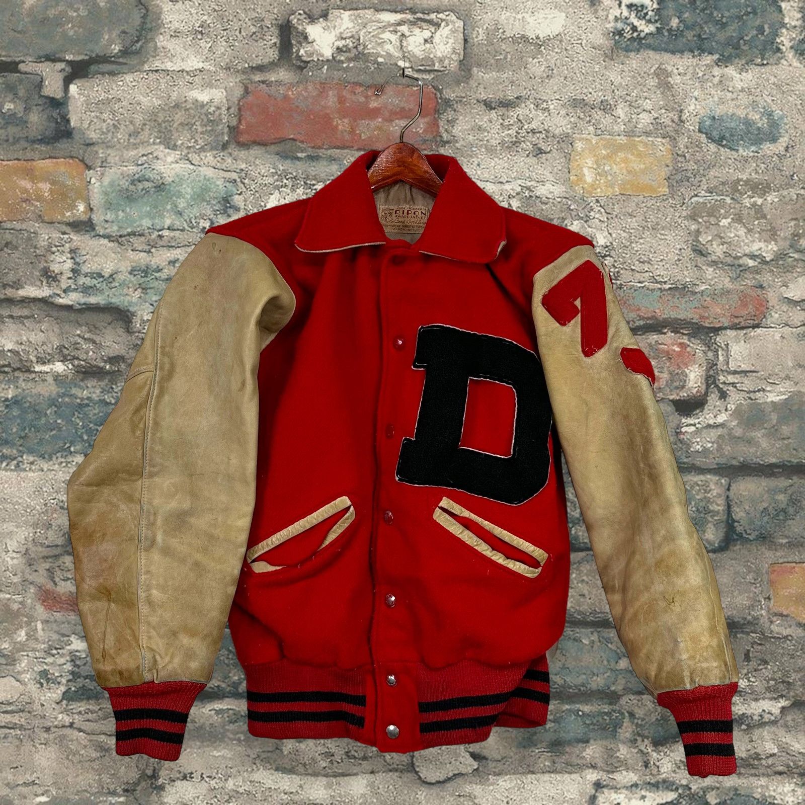 Image of True Vintage Varsity Jacket Crimson Tan Leather Ripon 50S in Red, Men's (Size XS)