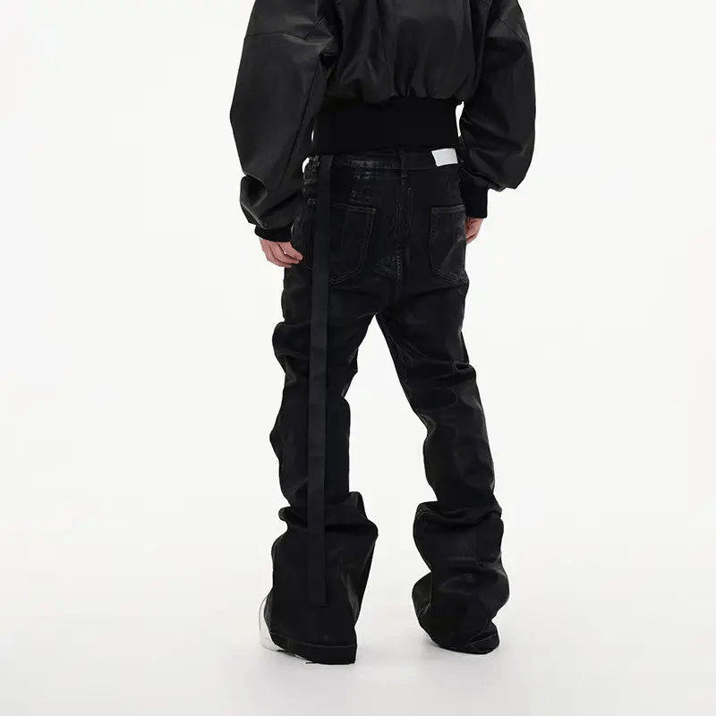 Designer Lamentist Backstage Flared Jeans in Waxed Charcoal Denim