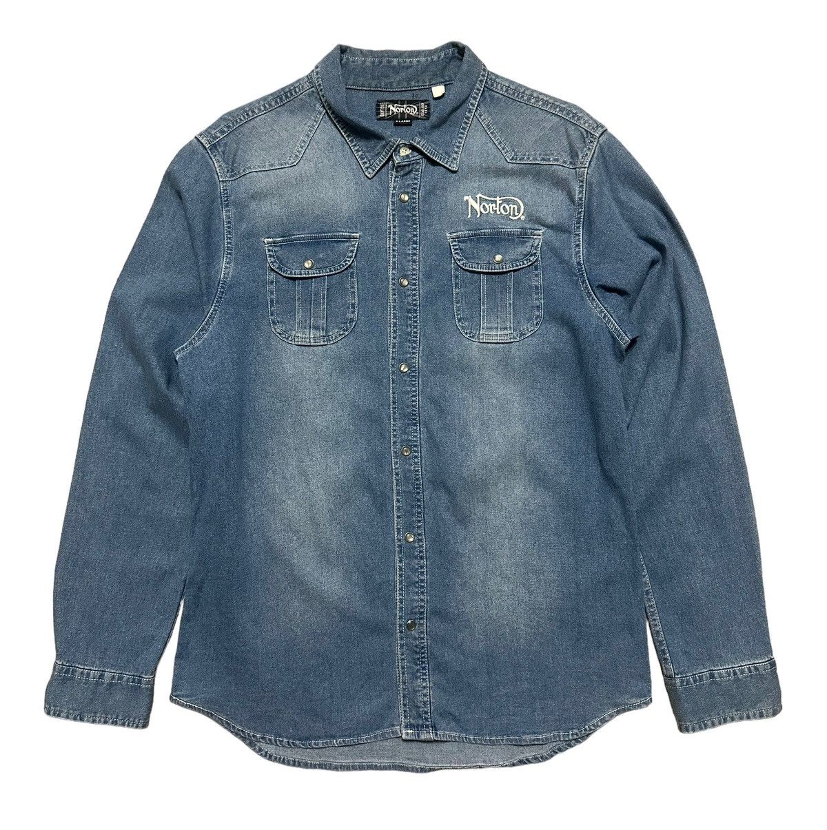 Designer × Japanese Brand × Vintage Vintage Norton Motorcycle Embroidered Blue Denim Shirts Size US M / EU 48-50 / 2 - 4 Thumbnail