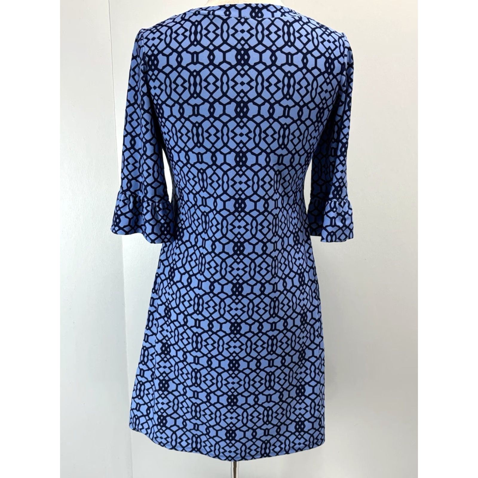 Vintage Jude Connally Blue Geometric Shift Dress Small Womens U-Neck Ruffle Sleeve Casual Size S / US 4 / IT 40 - 3 Thumbnail