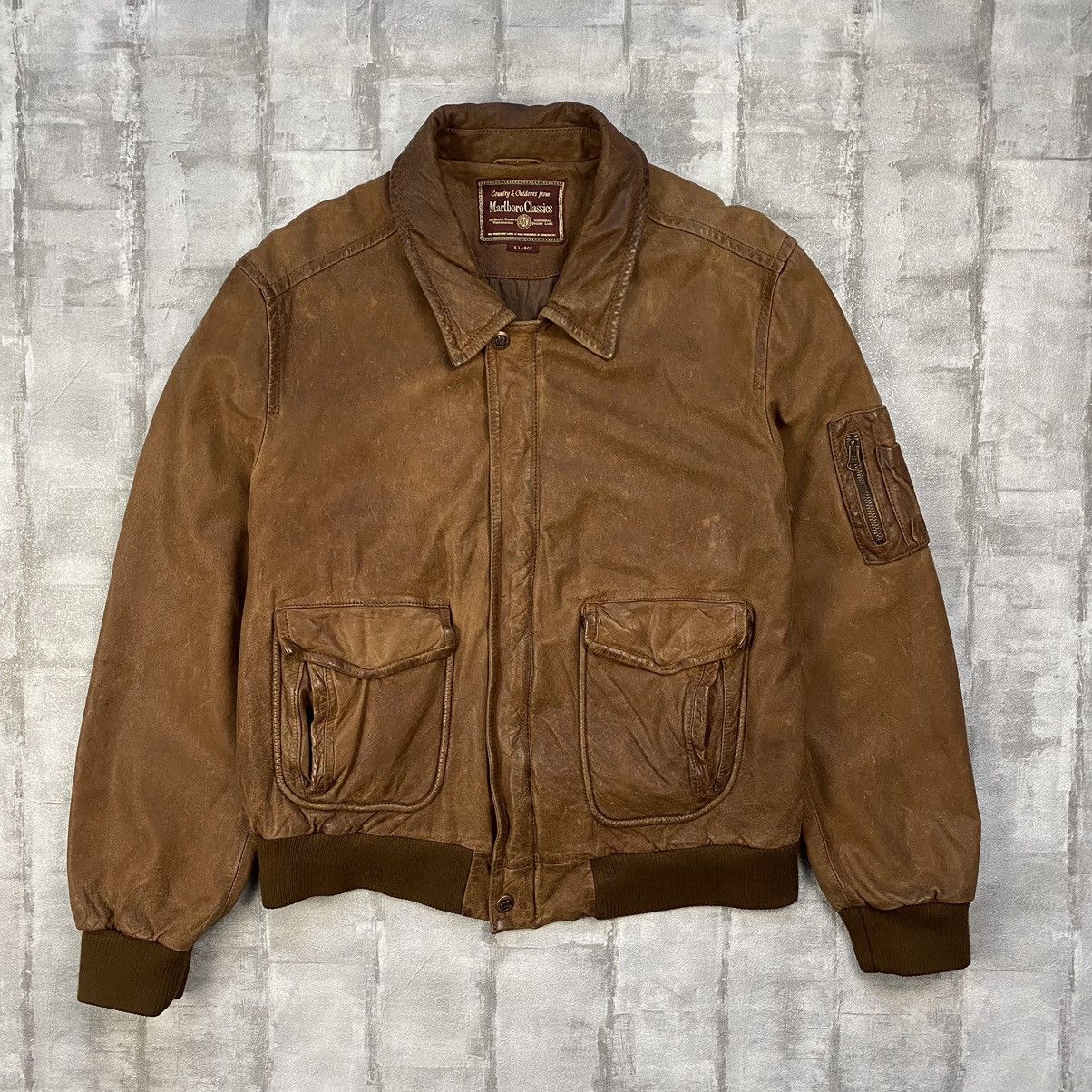 image of Marlboro x Marlboro Classics Vintage 90's Leather Bomber Jacket in Brown, Men's (Size XL)