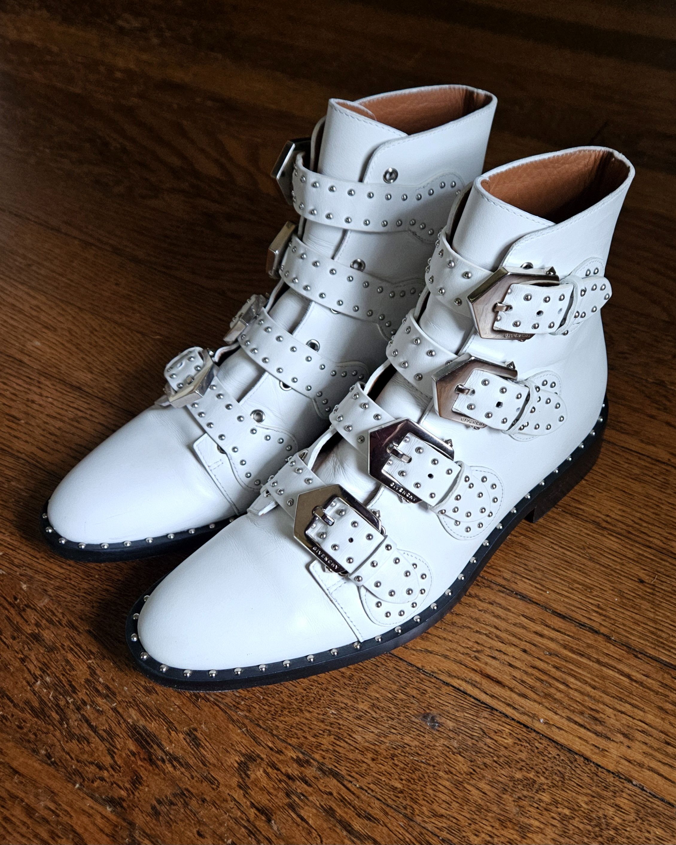 Givenchy Givenchy Silver Studded White Leather Buckle Boots Size US 7 / EU 40 - 1 Thumbnail