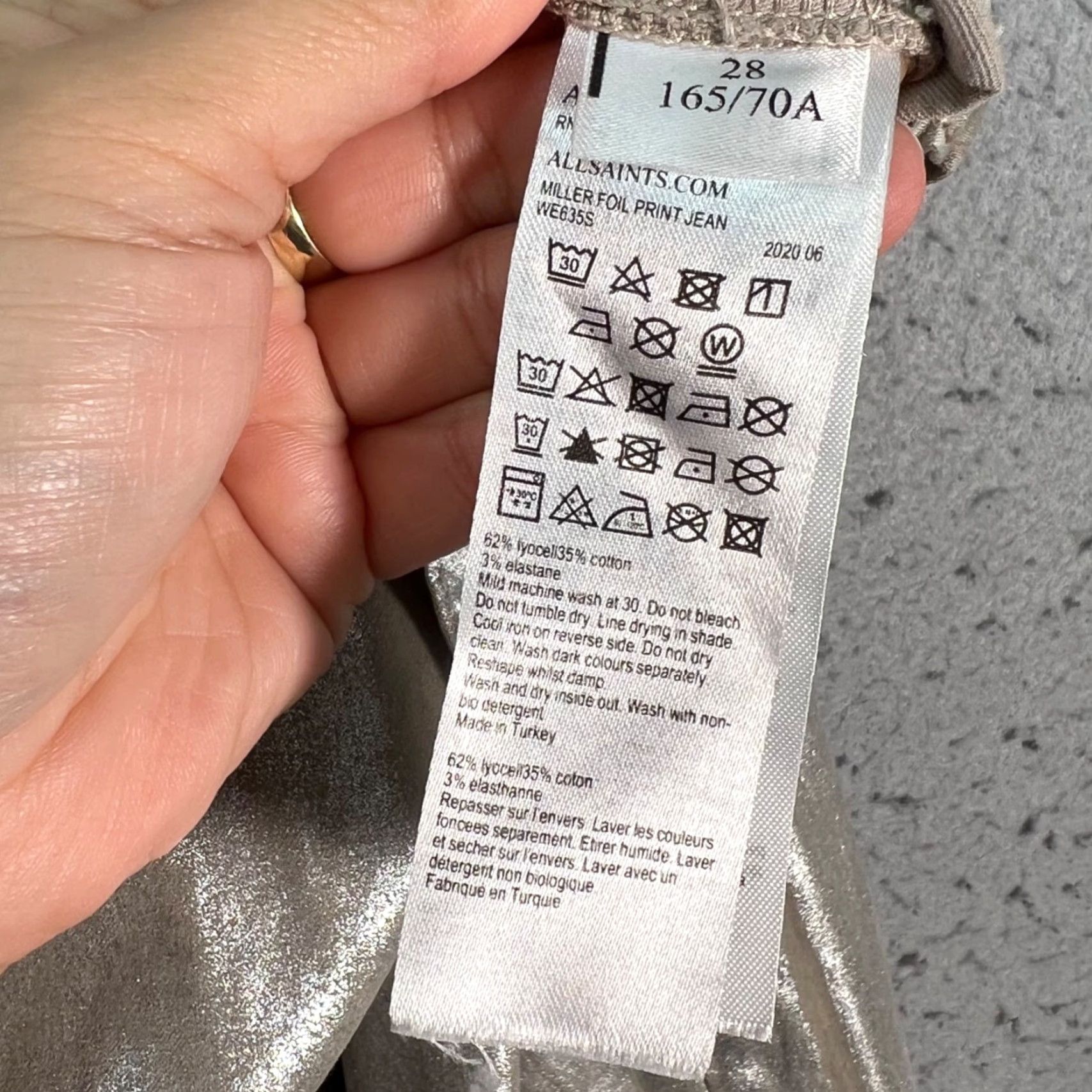 Allsaints AllSaints Womens Jeans Skinny Denim 28 Silver Foil Metallic 5-Pocket Zip Mid Rise Cotton Lyocell USPS Next Day Shipping Womens Size 28" / US 6 / IT 42 - 4 Thumbnail