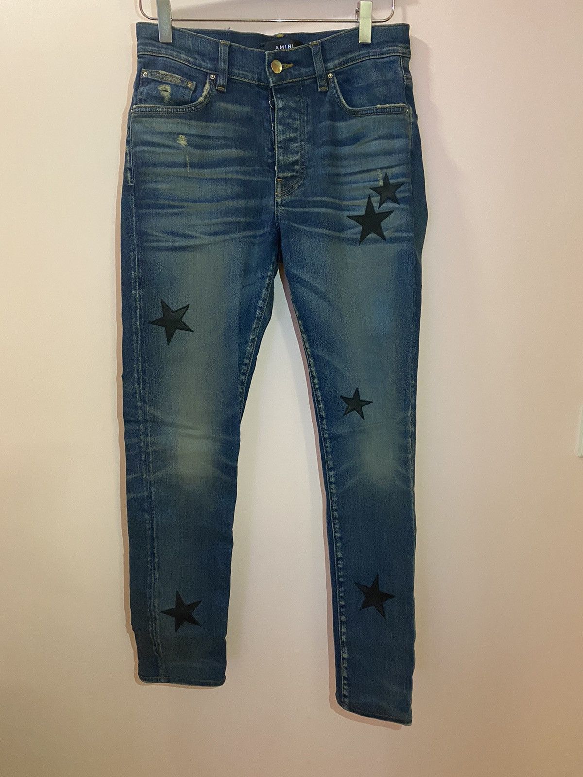 image of Amiri Leather Star Patches Slim Denim Jeans 30 in Blue, Men's