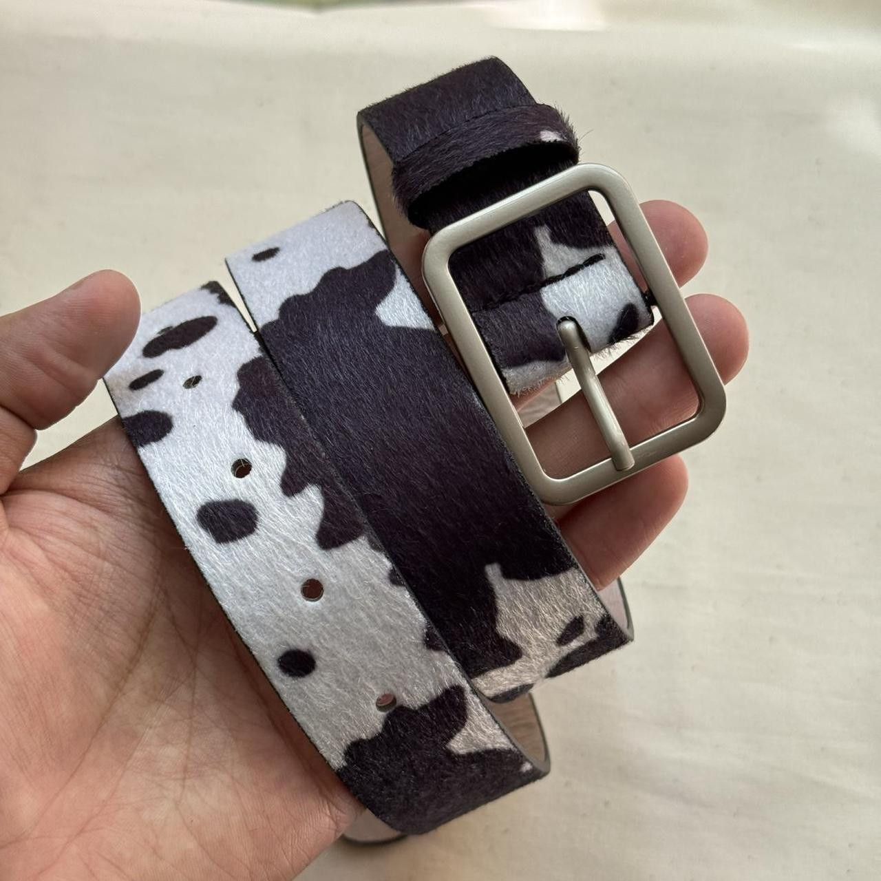 Cowboy Equipment y2k cowhide cow print black and white grunge belt Size ONE SIZE - 4 Thumbnail