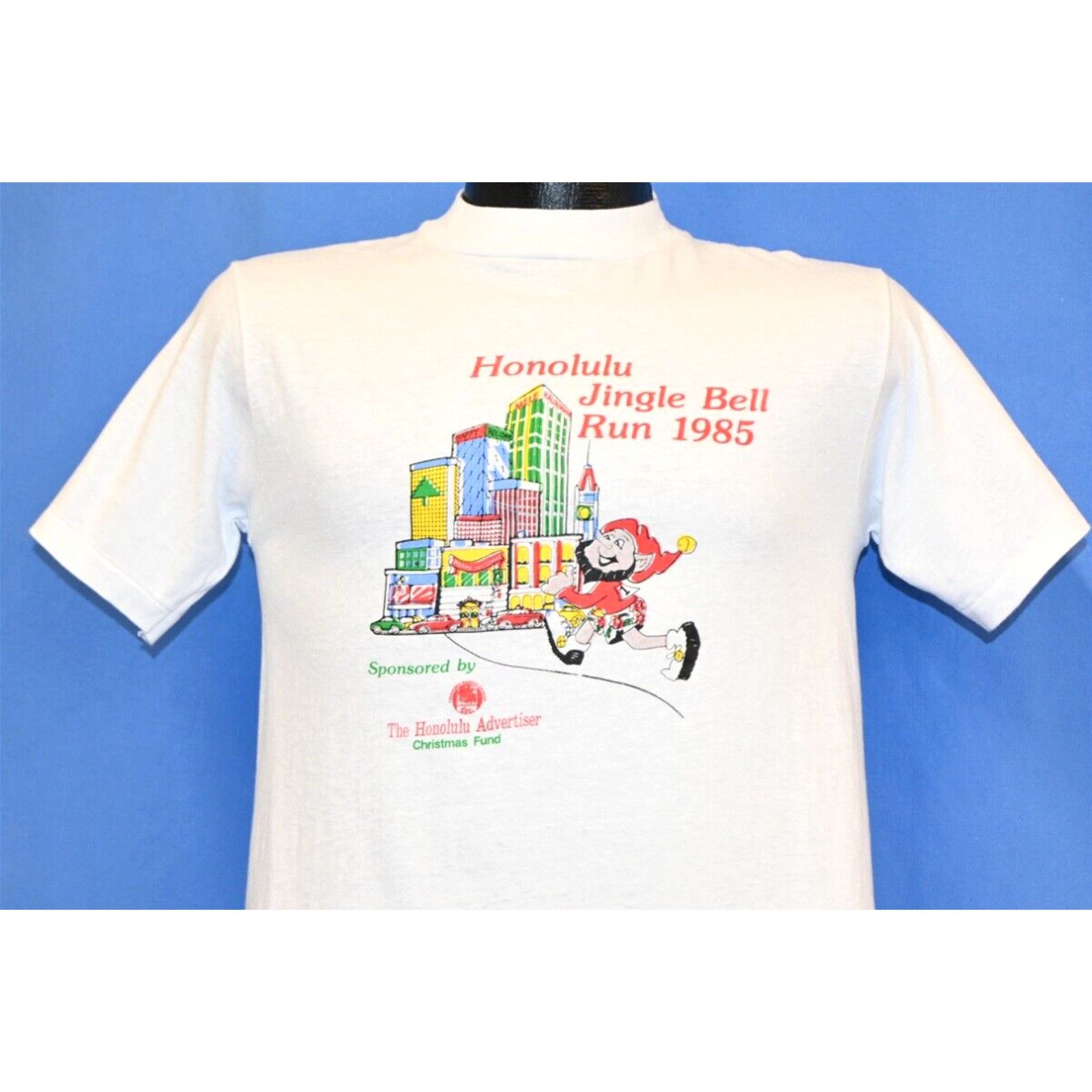 image of Hanes VTG 80's Honolulu Advertisers 1985 Jingle Bell Run Christmas Fund T-Shirt Small S in White